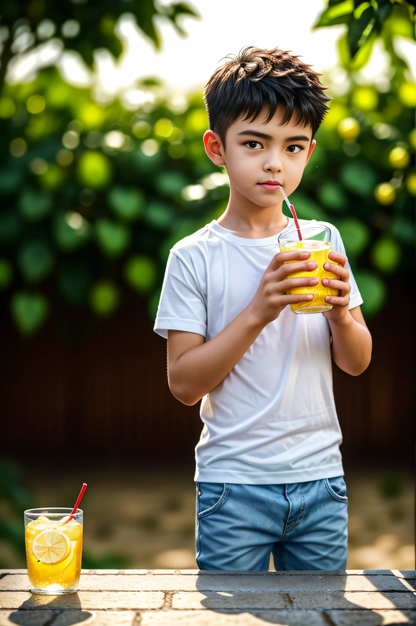 Best quality, offical wallpaper, 1boy, Drink soda in a lemon garden,  Realistic, Photorealistic,  (EOS R8,50 millimeters,F1.2,8K,RAW photo:1.2), Bokeh