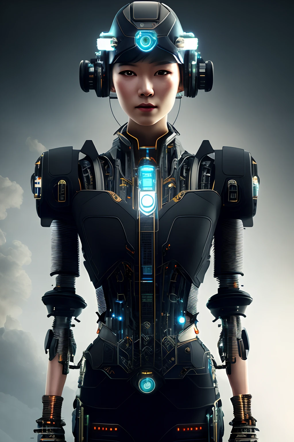 Full-body cyborgs| full-body portraits| Detailed face| 对称| steampunc| Cyberpunk| Cyborg| intricately details| to scale| Hyperrealistic| Cinematic lighting| Digital art| concept-art| MDJRNY-V4 style