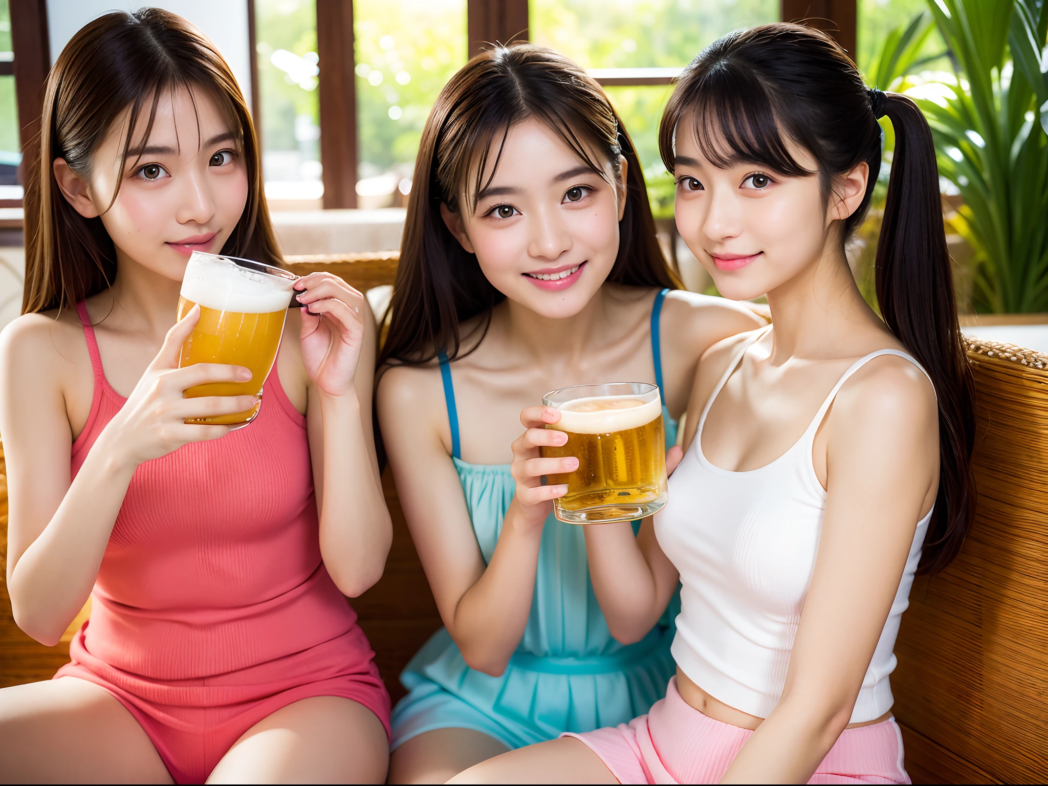 (8K、Raw photography、Photorealsitic:1.25)、1little girl、(20 year old woman with beautiful perfect face、Drink beer deliciously:1.5)、The moment you are drinking beer right now、Happy expression of blissful time、profile、Holding a beer mug in one hand、Put your mouth on the mug、on a couch、Pink camisole、Pink shorts、lipgloss、shiny bare skin、top-quality、超A high resolution、a closeup