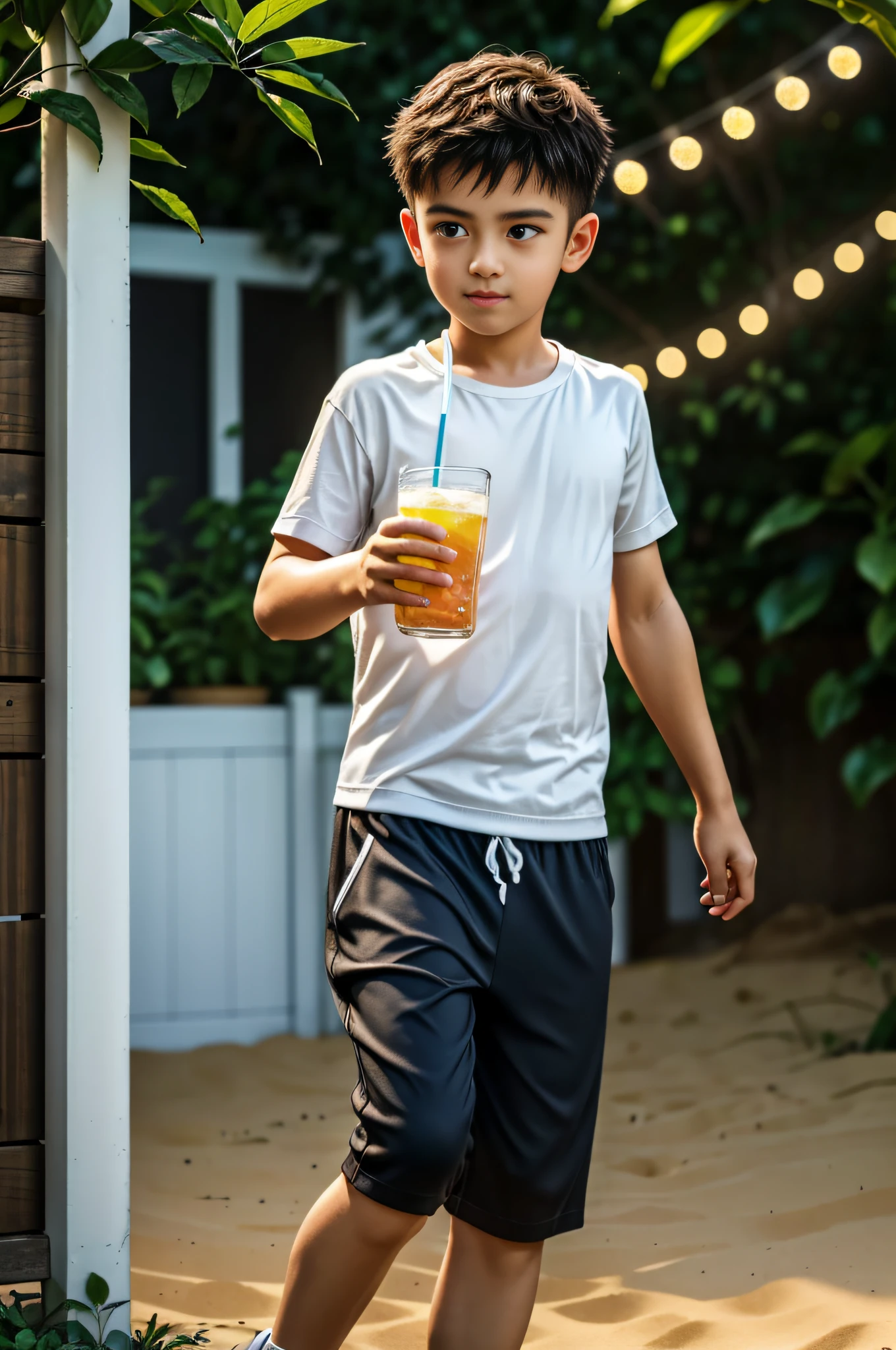 Best quality, offical wallpaper, 1boy, Drink soda in a lemon garden,  Realistic, Photorealistic,  (EOS R8,50 millimeters,F1.2,8K,RAW photo:1.2), Bokeh,Beach pants，sockes，athletic sneakers