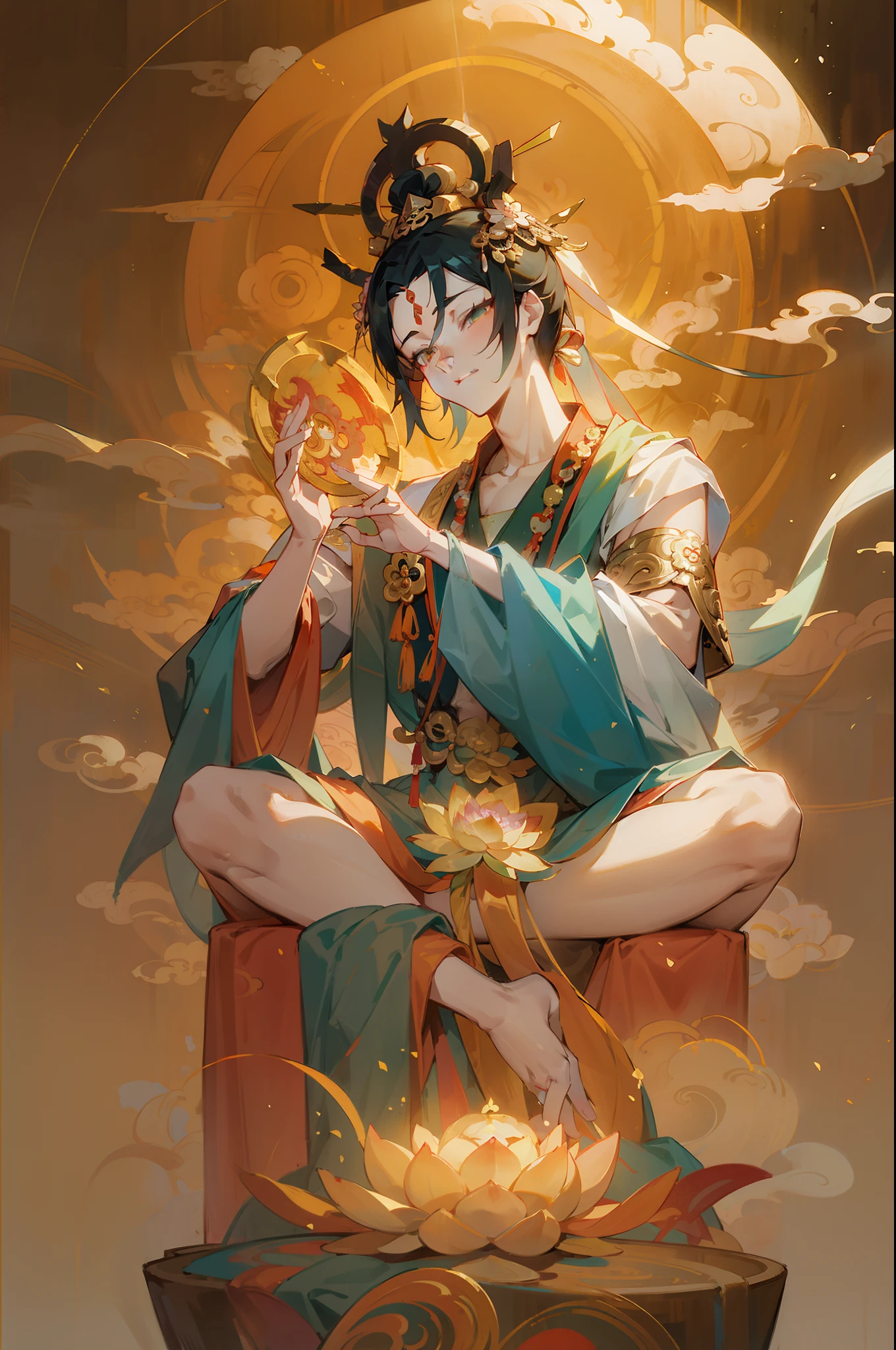 Chinese mythology,bodhisattva,had his hands folded,Dunhuang murals,Sit cross-legged on a lotus seat,The background is the South Heavenly Gate,Tyndall effect,Glow effects,Anime art style,Romantic graffiti,Meticulous,Realism is popular, New Fauvist style,Knolling,8K,tmasterpiece,super-fine,best qualtiy,8K,tmasterpiece,Works of masters,Detailed pubic hair,Accurate,Epic shooting,(Look up:1.5)