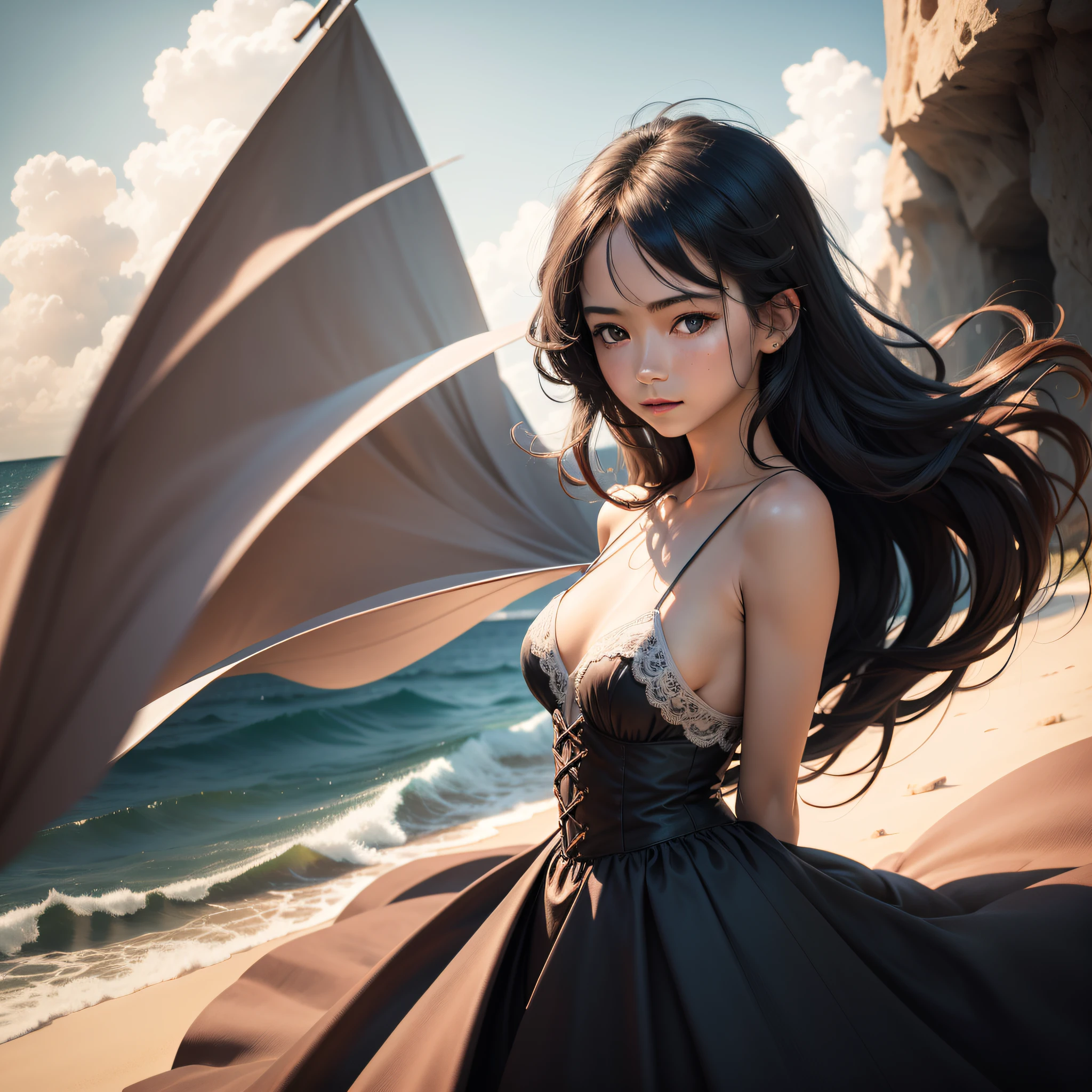 (Masterpiece, Realistic: 1.4), (Extreme Precision: 1.2) >, Close-up, Portrait, (Upper Body: 1.2), (Front: 1.3), 191971 Dress, Back Dress, (Long Skirt: 1.2), Extra Long Hair, Breasts, Bare Shoulders, Sky, Ocean, Water, Looking at the Audience, Italian, Head Tilt, Wind, Clouds, Sunlight, Outdoor, 1girl, Solo, BREAK, Cinematic Light, Ultra High Resolution, 8k UHD, Film Granules, Perfect Anatomy, Delicate and delicate skin, best shadows, delicate, RAW, high resolution,