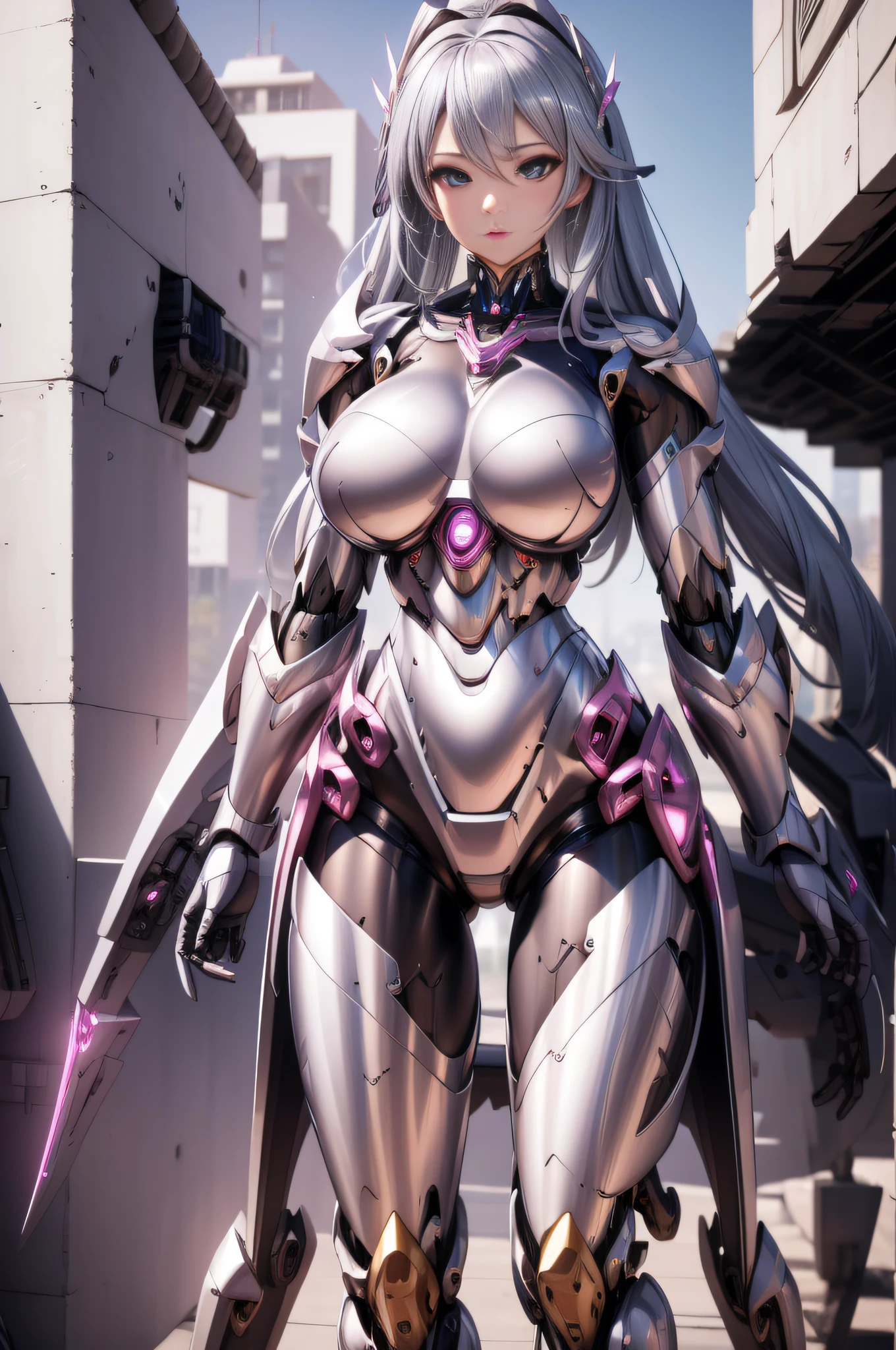 masterpiece,best quality,extremely detailed CG unity 8k wallpaper, ultra realistic,2 girl,large breast, mecha armor, mecha body , high res, platinum armor, silver pink body, exaggerate , sky , war