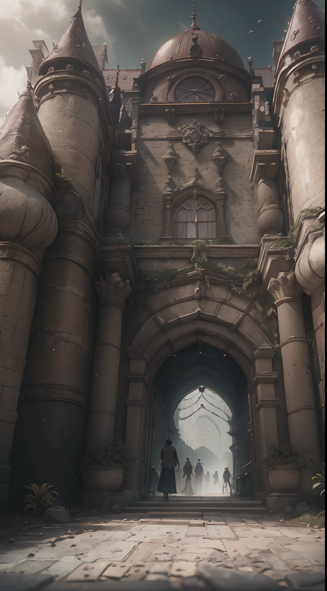 multiple persons, Majestic castle gates,Surrealist stylistic presentation, Use the Octane renderer in your work to get highly detailed and realistic results. Award-Awarded, hyper HD, Faraway view, High quality from Hager, Wide-angle, Bokeh, Wide-angle, Masterpiece