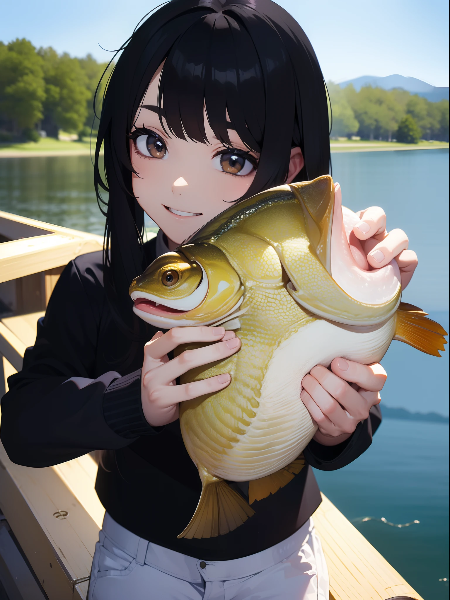 (((Catching a large mouth bass by the lake))),((Best quality, Masterpiece :1.3)),black hair, longeyelashes, solid circle eyes, light smile, drop shadow, atmospheric perspective, 8k, super detail, ccurate, best quality, small breasts,black jacket