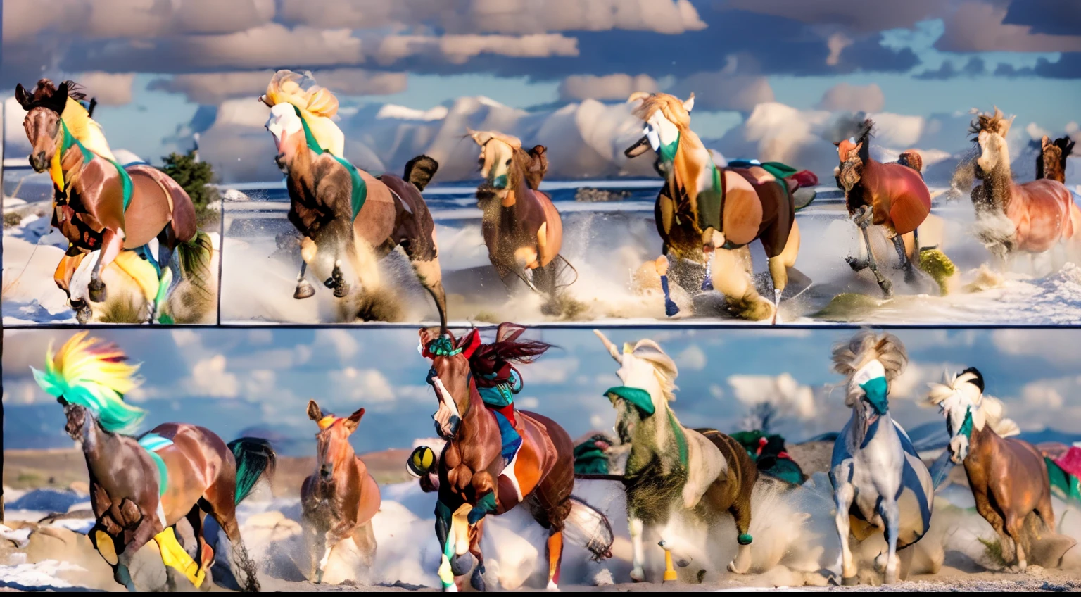 8 horses,Ultra-grand scenes,super wide shot,1#cavalos,2#cavalos,3#cavalos,4#cavalos,5#cavalos,6#cavalos,7#cavalos,8#cavalos。Extremely special and rare eight horses surround each other,Gallop across the steppe like a clock。The vast plains of the epic scene are rich in aquatic plants,In the distance is the snow-capped summit of Mount Everest,Snow creek flows into the sea,At the other end is the magnificent giant city,The horse team entered and exited from the city gate。
The Lightcast Pegasus from the Supreme Heaven has a rainbow aperture from the Supreme Heaven,She rides between light and pure,No additional ornaments are needed to highlight her dignity and holiness,Even the sky showed her a clear sky,She has a deep enmity with the nightmare heavy ride from hell,The two never put their heads next to each other,Surrounded by sulphurous flames, the Hellmare Heavy Ride makes every time a horse's hooves fall, stepping flat grass out of the lava from the ground,The sky in the steppe is brighter,It makes the earth deeper。
The wind wings of the wind elf horse let its position be erratic,She always couldn't help but tease the mechanical horse with a cyan aperture,The mechanical horse is full of mecha beauty,The shoulder back position always reveals delicate mechanical fittings,Four kicks with a hydraulic pump and electromagnetic ejection device。
Unicorns want to steal all horses from their pure and flawless beauty,But on the side, the fairy dragon horse is comparing with it,Their unique elven-patterned armor and colorful saddles make them the most stylish horses。The female knight is charging on her knightly warhorse,Her lofty ideals made her will unstoppable,There is no doubt that she is the protagonist of this picture。There is also a horse from unknown territory mixed in,It has a weird style and chaotic colors that are almost unimaginable,This gives the whole picture an extremely dangerous uncertainty,The slightest mistake can break the whole picture。Use the Latent couple and