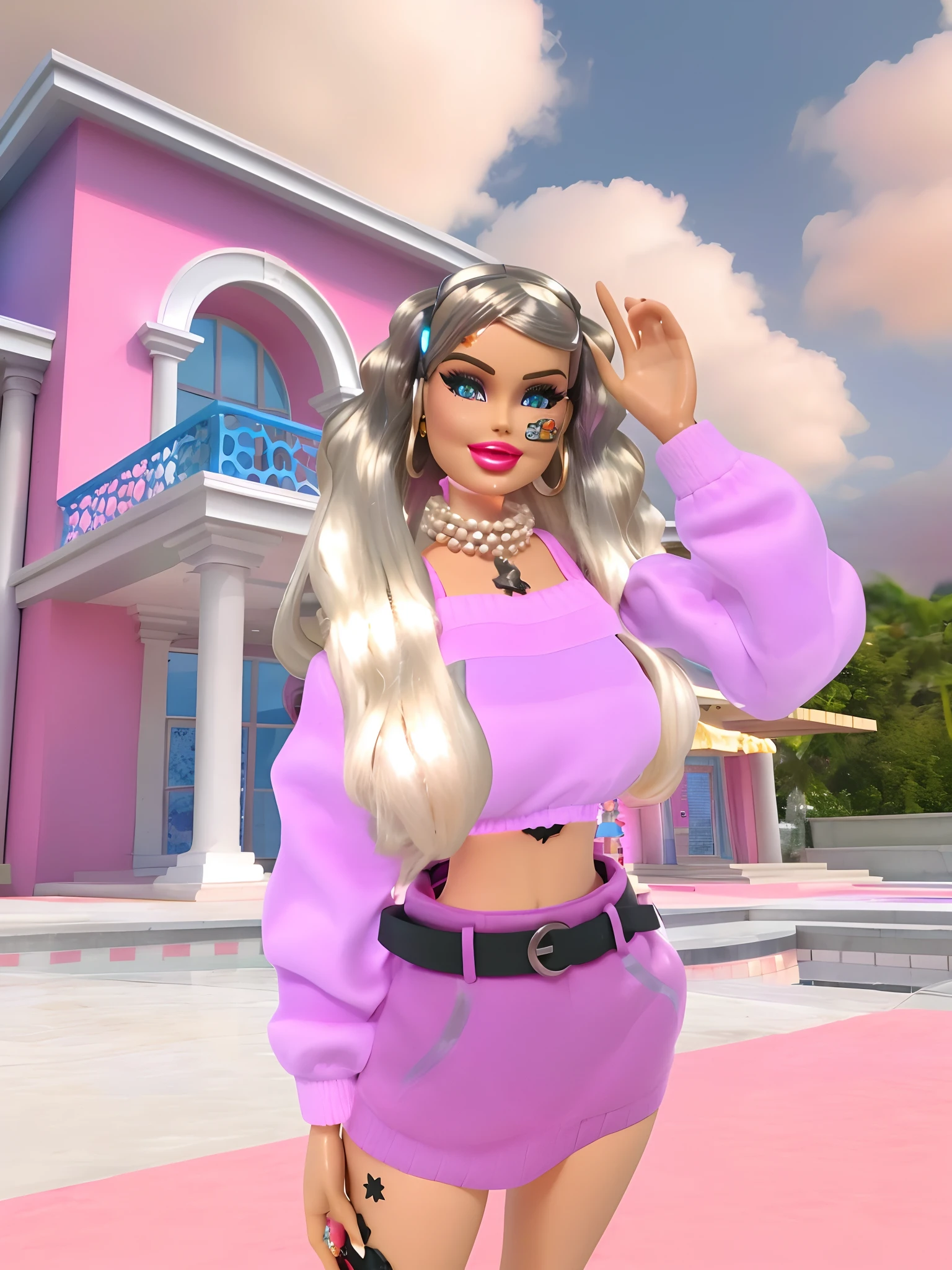 change the background realastic barbie with pink lights and dont change face