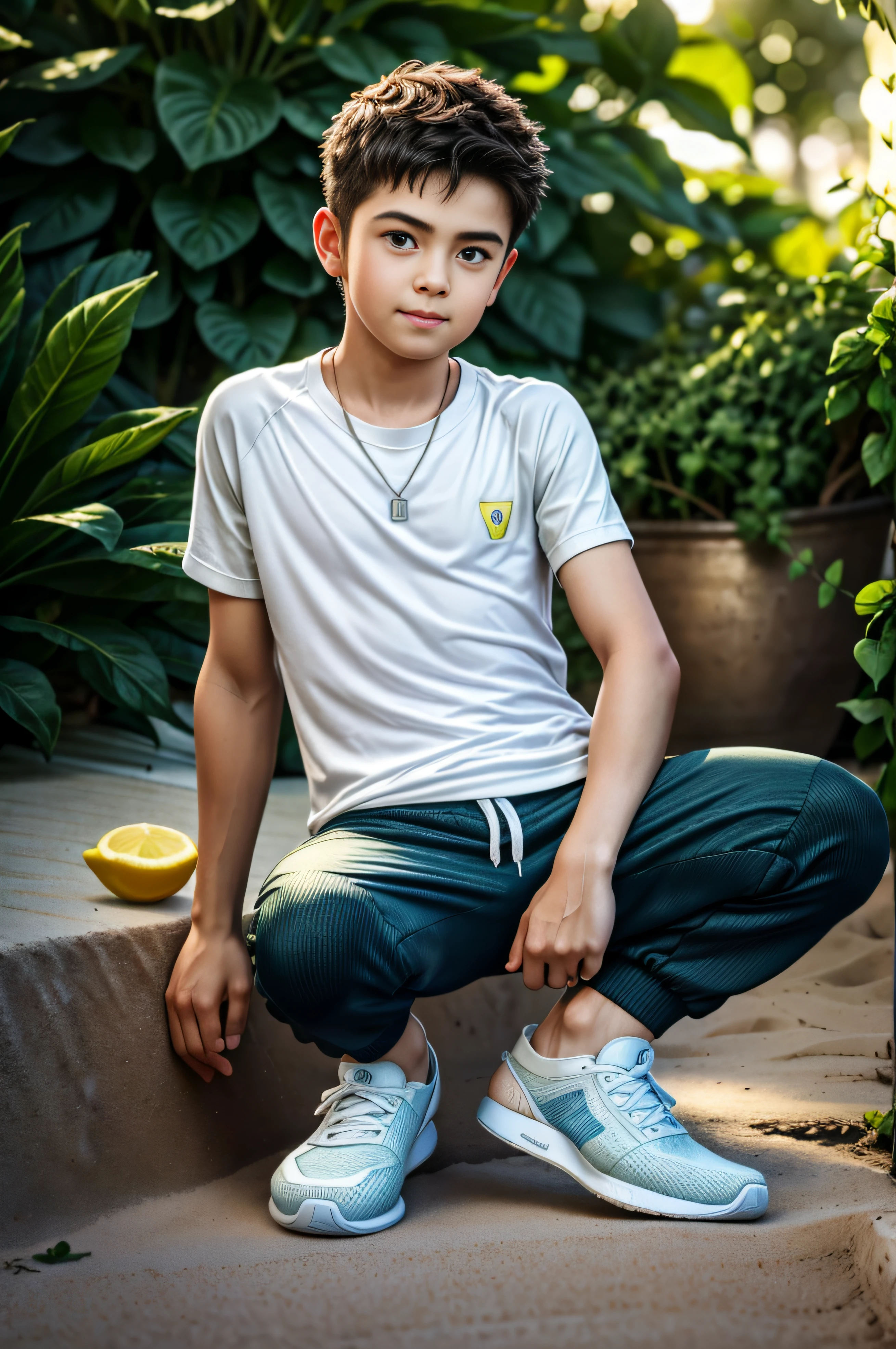 Best quality, offical wallpaper, 1boy, Drink soda in a lemon garden,  Realistic, Photorealistic,  (EOS R8,50 millimeters,F1.2,8K,RAW photo:1.2), Bokeh,Beach pants，sockes，athletic sneakers