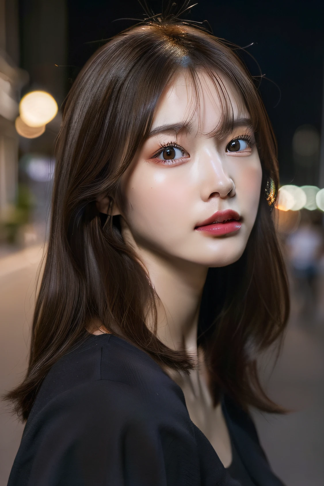 (Best quality, High resolution, Masterpiece :1.3), A pretty woman, Slender figure, Dark brown hair, T-shirt, (Street in city at night), Highly detailed face and skin texture, Detailed eyes, Double eyelid
