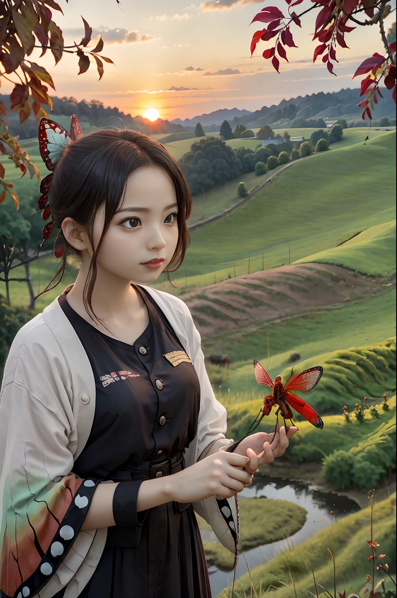 A red dragonfly is perched on the fingers of a beautiful girl、Beautiful countryside sunset