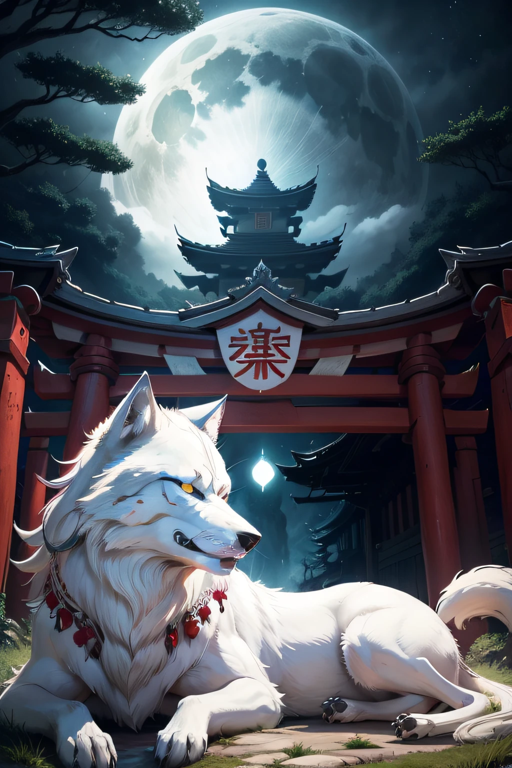 White Wolf Beautiful The large Moro-like image of Princess Mononoke frontage Only wolves and no people Red torii gate on background Facing the front