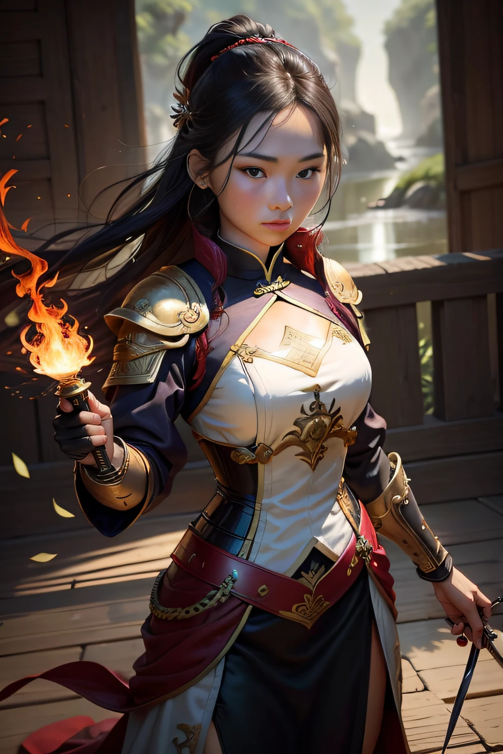 18 year old antique girl,Temperament woman,Chinese armor,Heroic and sassy,Cherry small mouth,The mouth is slightly open,Watery eyes,The gaze is like a torch,Rich river and lake style,An aura like a master of swordsmanship,cabelos preto e longos,Sharp eyes,Dressed in gorgeous golden battle robes,Sword in hand,Realistic painting style,It paints a fascinating picture of martial arts。