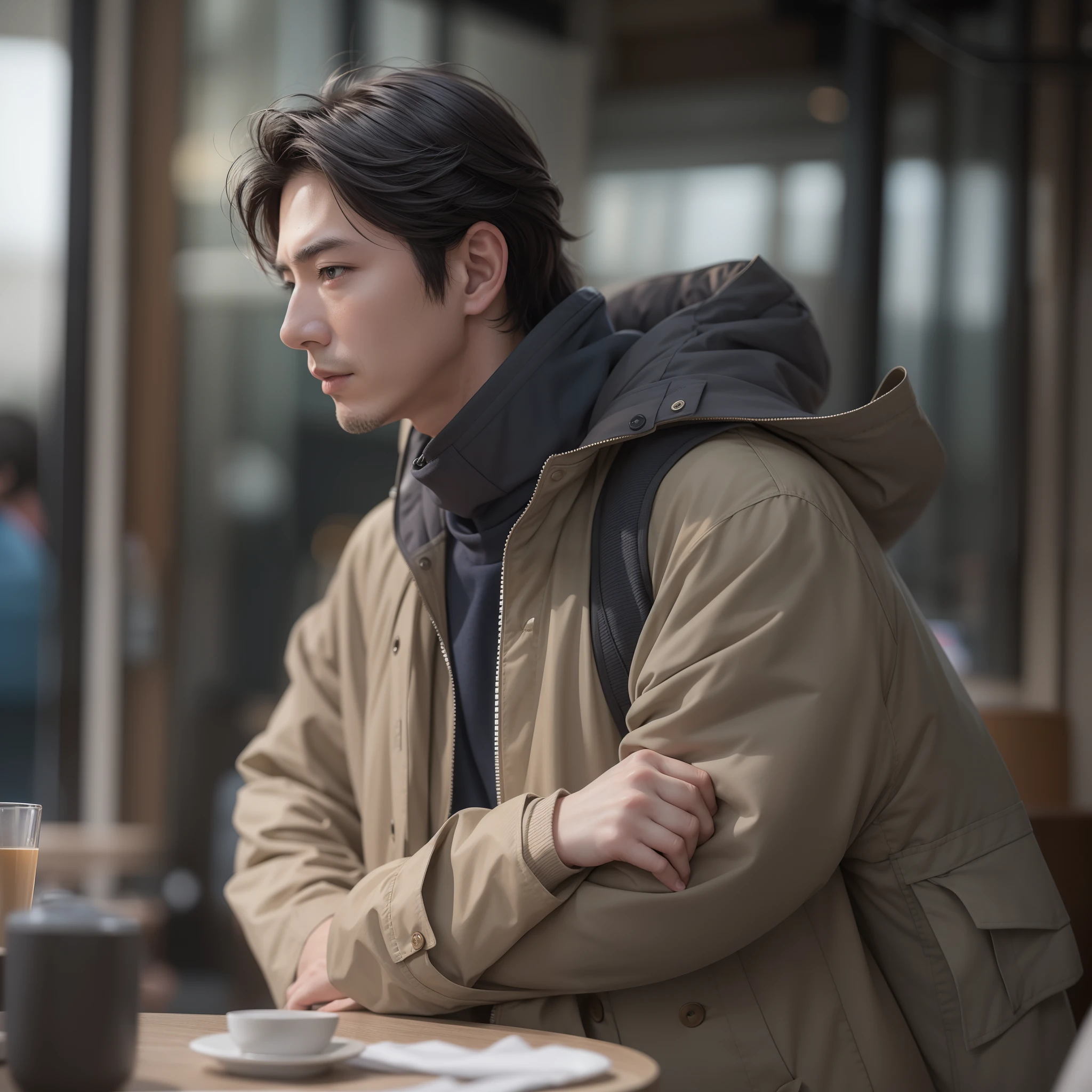 middle aged man、With a cheek cane、Despressing、parka 、cafes、Medium Hair、Wave hair、Super cool、twinks、Nice perfect face with soft skin、、8K分辨率、A hyper-realistic、ultra-detailliert、hightquality、