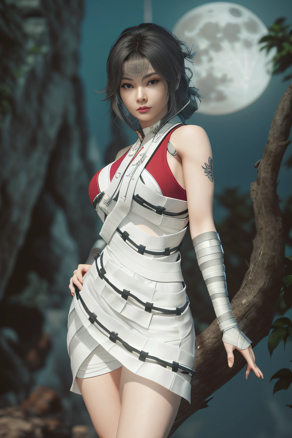 Arad woman in white dress poses before full moon, inspired by Leng Mei, 3 D rendering character art 8 K, unreal engine rendered + A goddess, 🌺 CGSesociety, Inspired by WLOP, lunar themed attire, ff Tifa, Full body CGsociety, (rendering by octane) Fantasy style, Tifa Lockhart, cgsociety 8 k