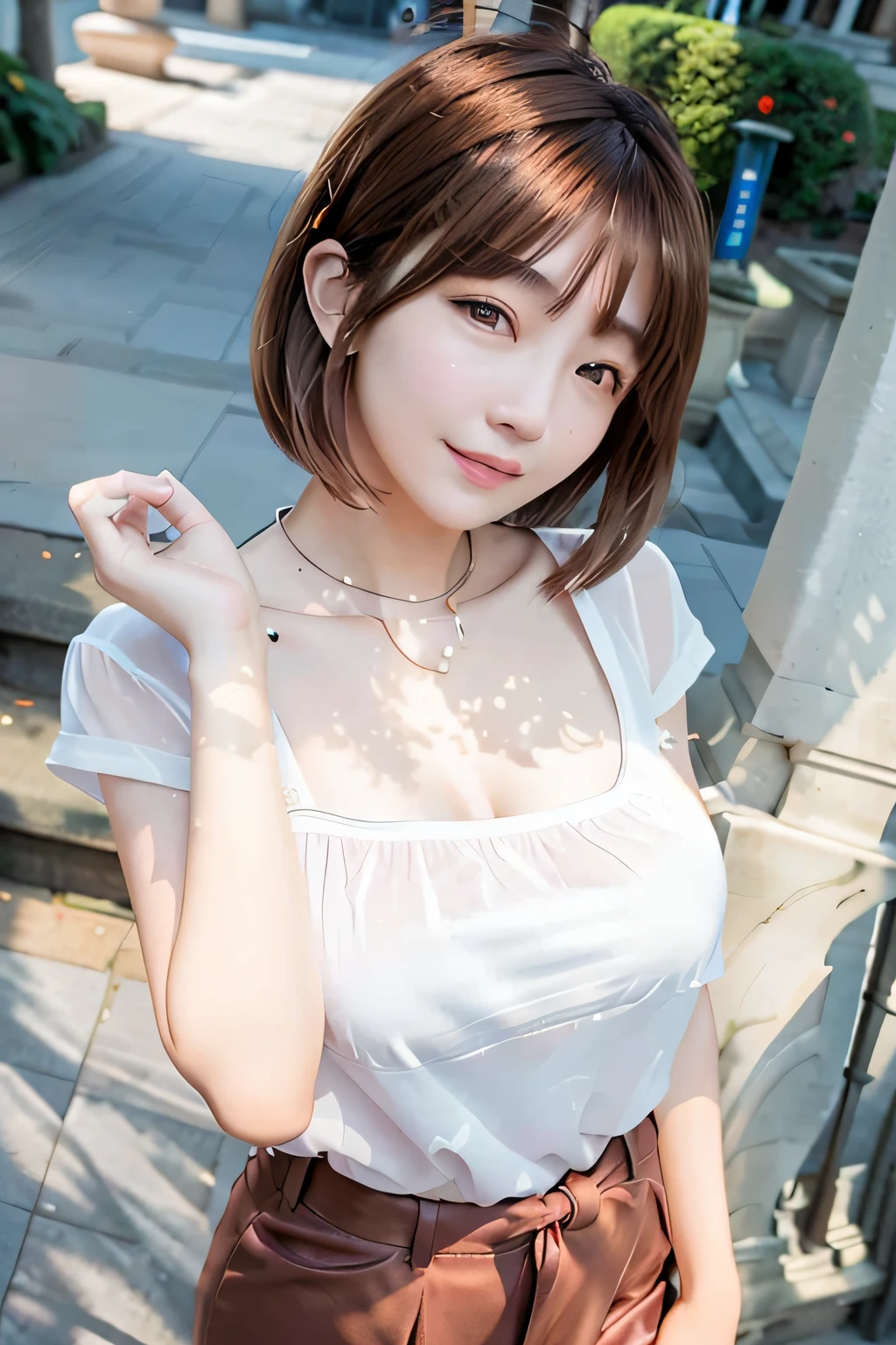 best quality, photorealistic, masterpiece, 8k, high res, solo, 1girl, (((woman))), (medium breast), ((looking at the viewer)), (looking at the camera), boy friend view, (short hair), ponytail, (professional lighting, bokeh), extremely detailed face, fashionable and trendy atmosphere, taiwan, park, ((daytime)), (blouse :1.5), dress, (portrait:0.6), seductive smile, gorgeous, floating hair, (light particles, lens flare, glowing particles:0.6), (dynamic pose:1.1), soft lighting, brown hair, (model figure:1), standing, (obvious mole under eye:1.2), (smile folds:0.8), (mature face:1), teeth, narrow face,
