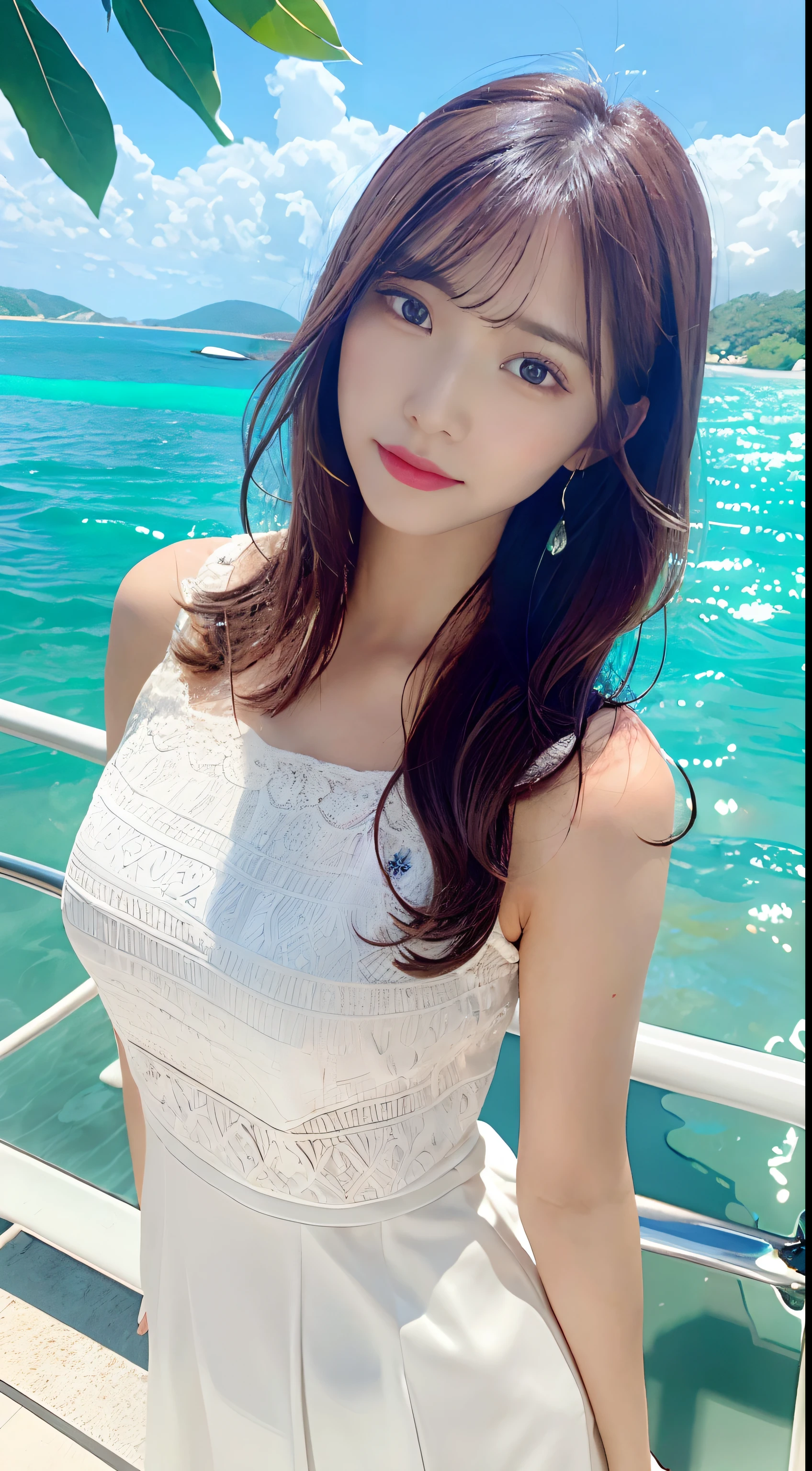 (Daytime, Excellent, 8K, Masterpiece:1.3)), Full body, Long legs, Focal length: 1.2, Perfect Body Beauty: 1.4, Slim Abs: 1.1, ((Dark Brown Hair, Big Breasts: 1.2 )), (White Dress, Standing: 1.2), ((Sea, Blue Sky and White Clouds: 1.3)), Highly detailed face and skin texture, Detailed eyes, Double eyelids, long flying hair