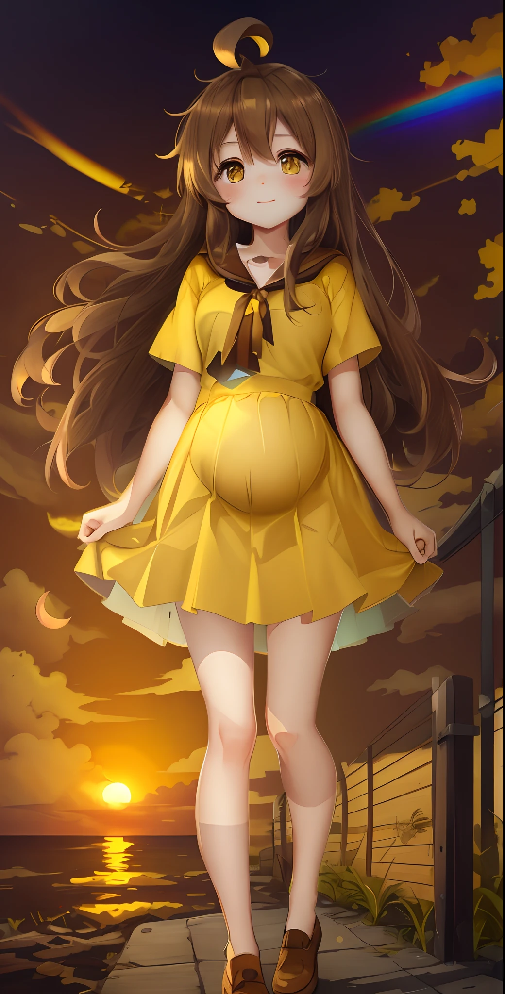 Brown-haired yellow eyes,Pregnant with a tummy up,Cover your belly,Dusk Rainbow