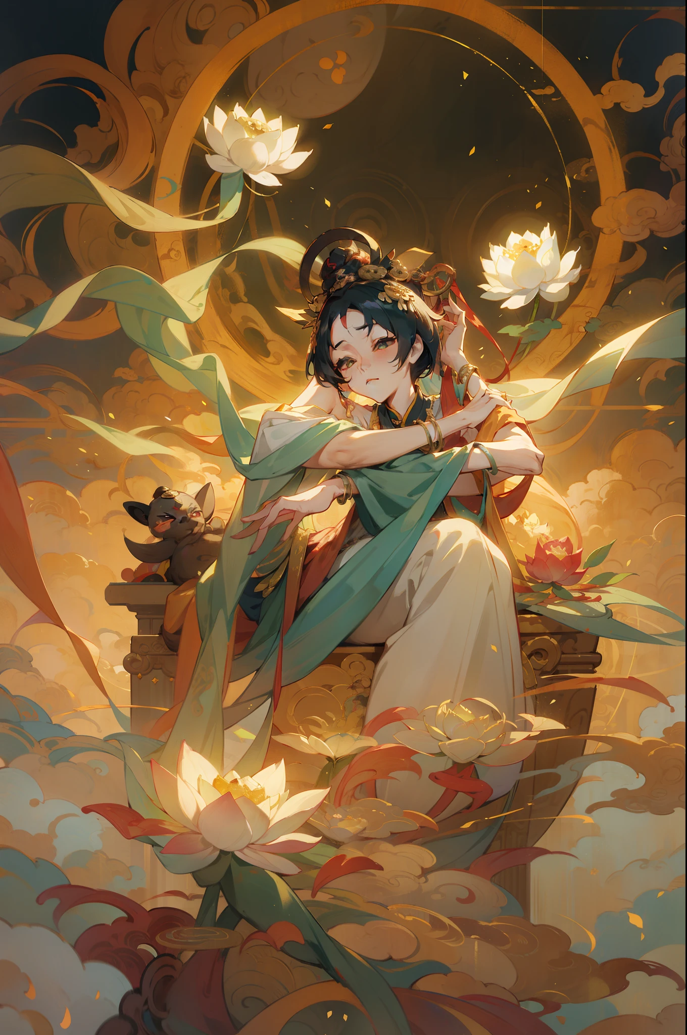 Chinese mythology,bodhisattva,had his hands folded,Dunhuang murals,Sit cross-legged on a lotus seat,The background is the South Heavenly Gate,Tyndall effect,Glow effects,Anime art style,Romantic graffiti,Meticulous,Realism is popular, New Fauvist style,Knolling,8K,tmasterpiece,super-fine,best qualtiy,8K,tmasterpiece,Works of masters,Detailed pubic hair,Accurate,Epic shooting,(Look up:1.5)