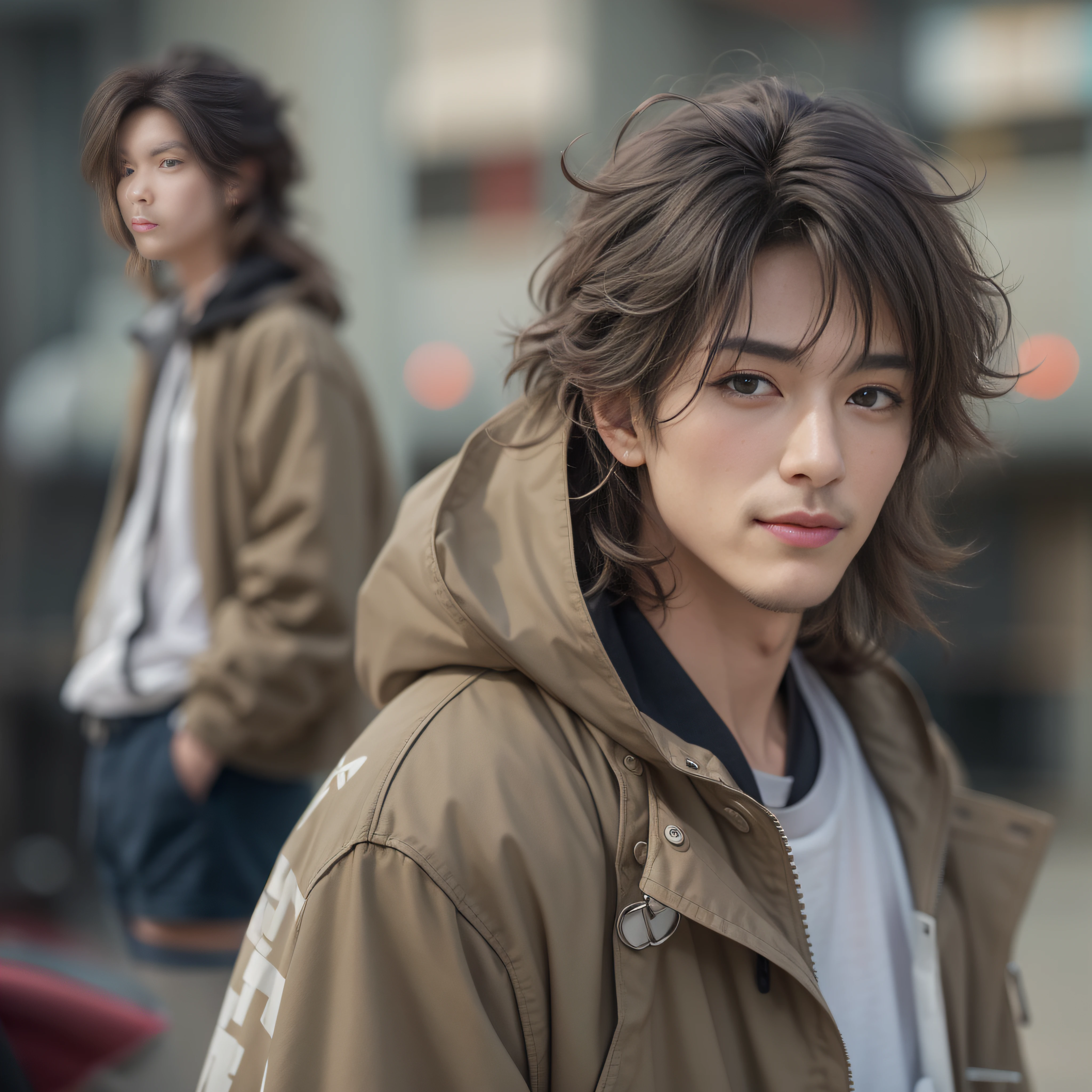 middle aged man、With a cheek cane、Despressing、parka 、cafes、Medium Hair、Wave hair、Super cool、twinks、Nice perfect face with soft skin、、8K分辨率、A hyper-realistic、ultra-detailliert、hightquality、