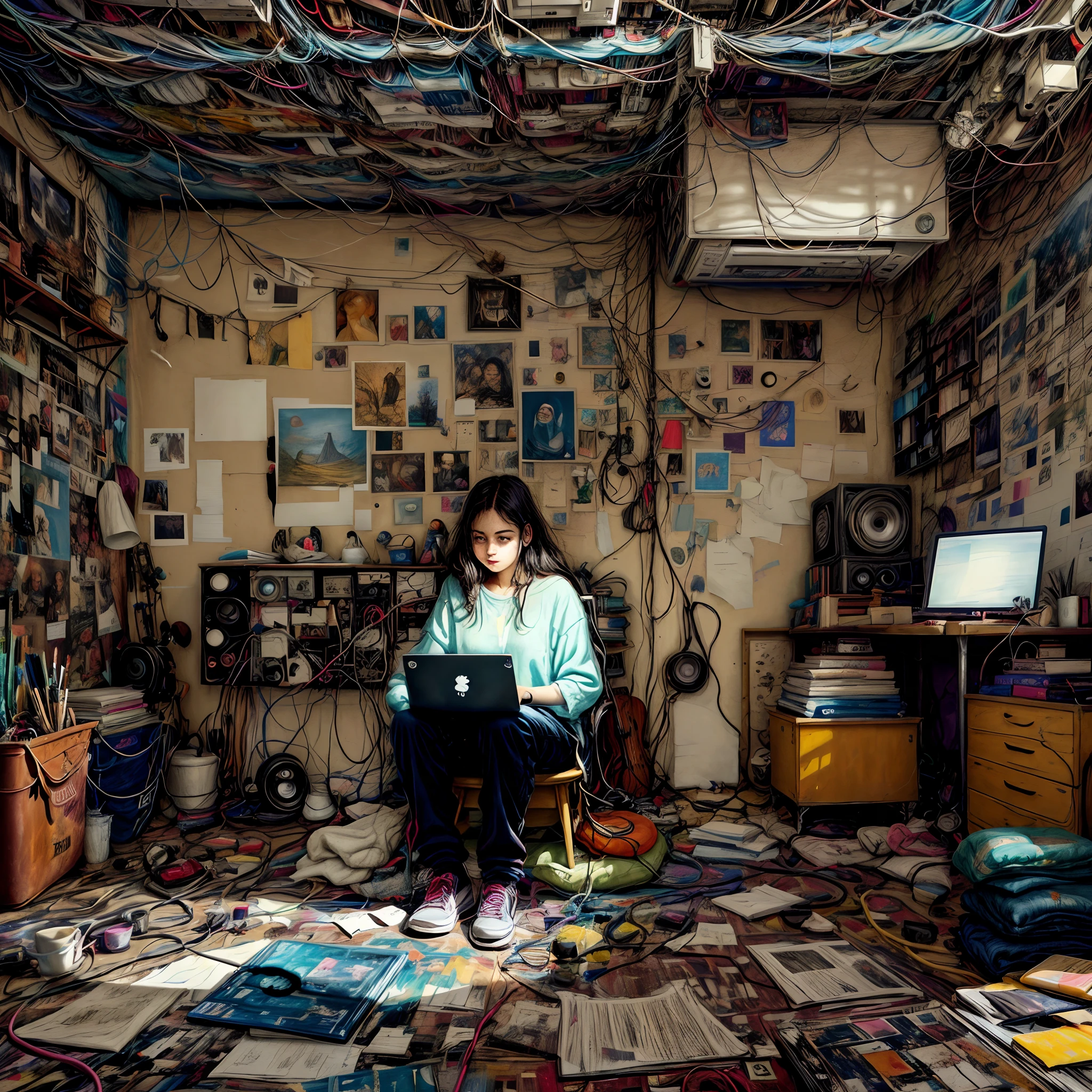 painting of a woman sitting on a rug using a laptop, in a room, in front of the internet, its a deep dream, lo-fi art, in her room, room of an engineer, old internet art, computer painting, messy room, apartment of a tech student, dangling wires, big tech art style, claustrophobic room