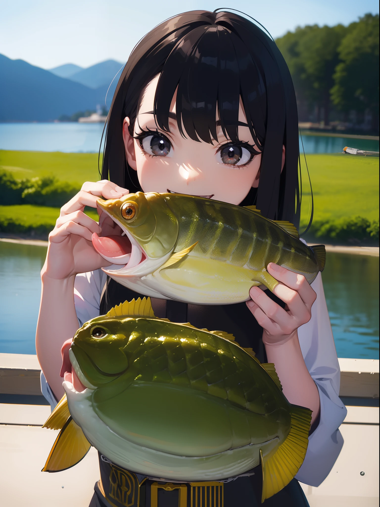 (((Catching a large mouth bass by the lake))),((Best quality, Masterpiece :1.3)),1 japanese girl,black hair, long eye-lashes, solid circle eyes, light smile, drop shadow, atmospheric perspective, 8k, super detail, ccurate, best quality, small breasts,black jacket