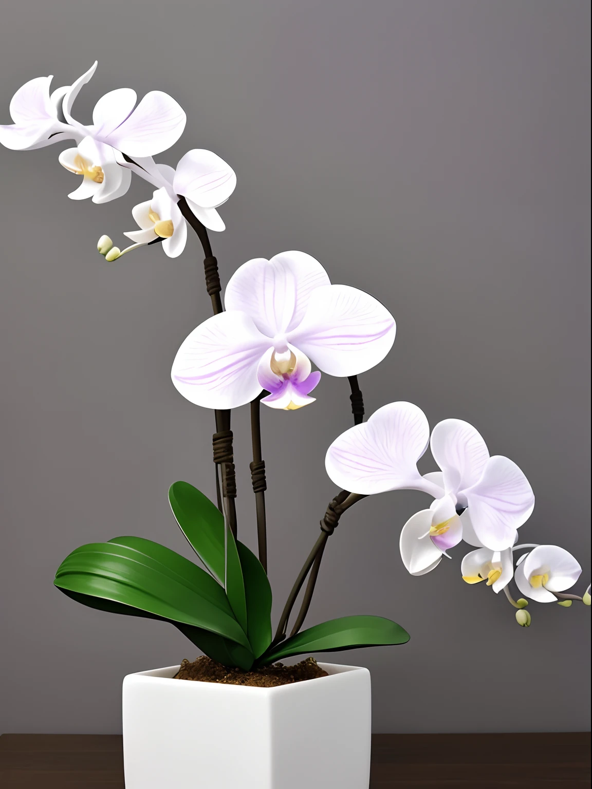 Photo Images。In phalaenopsis orchid based on white、Buds are purple。One of the phalaenopsis orchids in a vase。The vase is a square vase based on white。Decorate a room with a modern feel