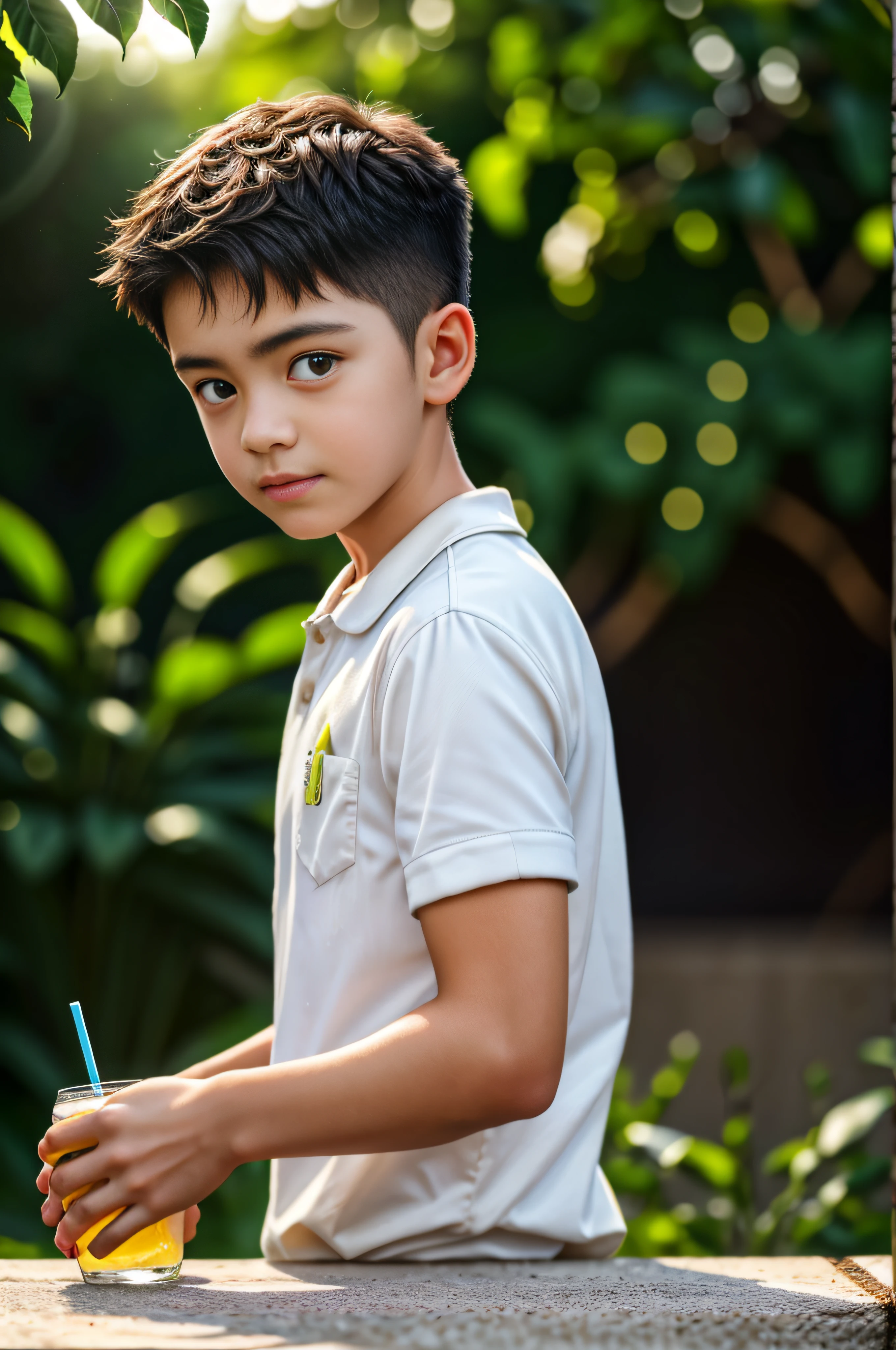 Best quality, offical wallpaper, 1boy, Drink soda in a lemon garden,  Realistic, Photorealistic,  (EOS R8,50 millimeters,F1.2,8K,RAW photo:1.2), Bokeh