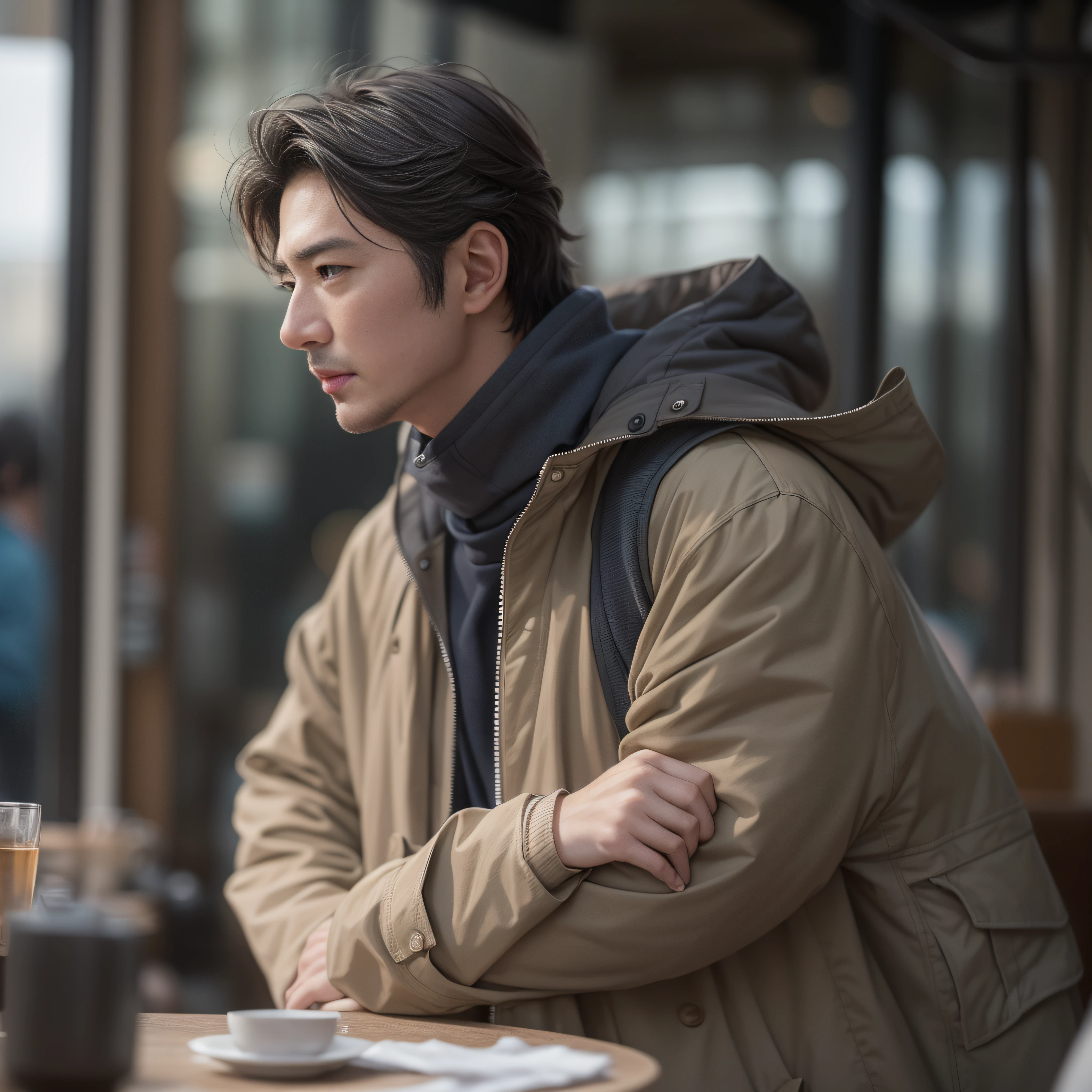 middle aged man、With a cheek cane、Despressing、parka 、cafes、Medium Hair、Wave hair、Super cool、twinks、Nice perfect face with soft skin、、8K分辨率、A hyper-realistic、ultra-detailliert、hightquality、