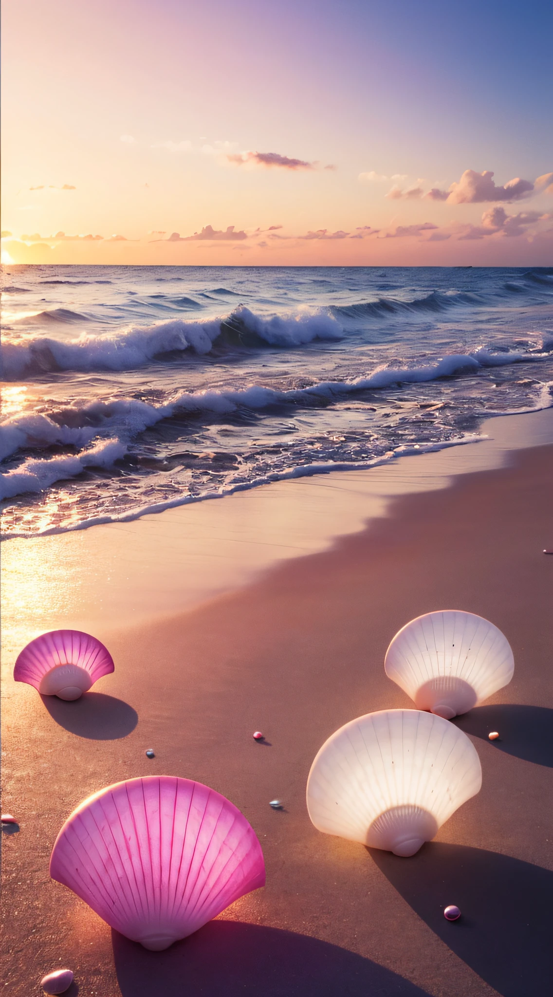 (8K, RAW photo, Best quality, masutepiece: 1.2), (Realistic, Realistic: 1.37) There are many pink shells on the beach, there are waters, Pearlescent, pearls and shells, Soft spill, pearls, Pink jellyfish are everywhere, Soft 3D rendering, Ethereal bubbles, Bubble landscape, Elay shader, pastel pink, Pink reflections, Pearl Sky, shells, Paradise pink, Pastel colors, Pink pastels,