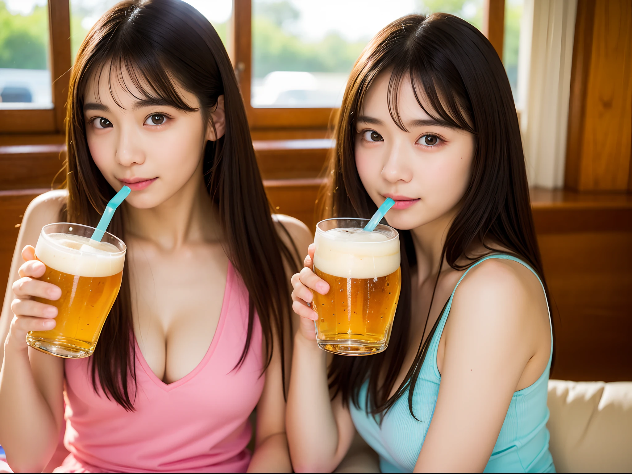 (8K、Raw photography、Photorealsitic:1.25)、1little girl、(20 year old woman with beautiful perfect face、Drink beer deliciously:1.5)、The moment you are drinking beer right now、Happy expression of blissful time、profile、Holding a beer mug in one hand、Put your mouth on the mug、on a couch、Pink camisole、Pink shorts、lipgloss、shiny bare skin、top-quality、超A high resolution、a closeup