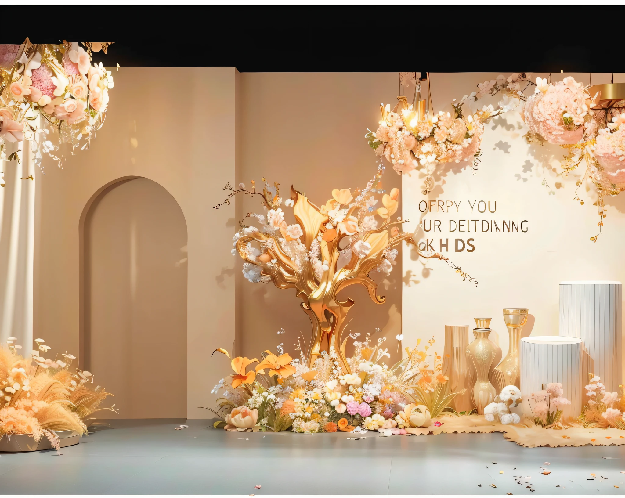 8K level quality,Ultra-clear,Golden,opulent,lamp lights,Wedding renderings,Interior design,3Drenderingof,hyper HD,Lots of small flowers,exquisite lighting and shadows,Detail portrayal,ultraclear,depth of fields, paying homage,Interior design, Ultra photo realsisim, RAW photogr, Sharp focus, Lots of colorful flowers,Wedding banquet hall,Wedding design,tmasterpiece, 8K, tmasterpiece,Ultra photo realsisim,32K,Very detailed CG unity 8K wallpaper,best qualtiy,exquisite lighting and shadows,Detail portrayal,Welcome area,