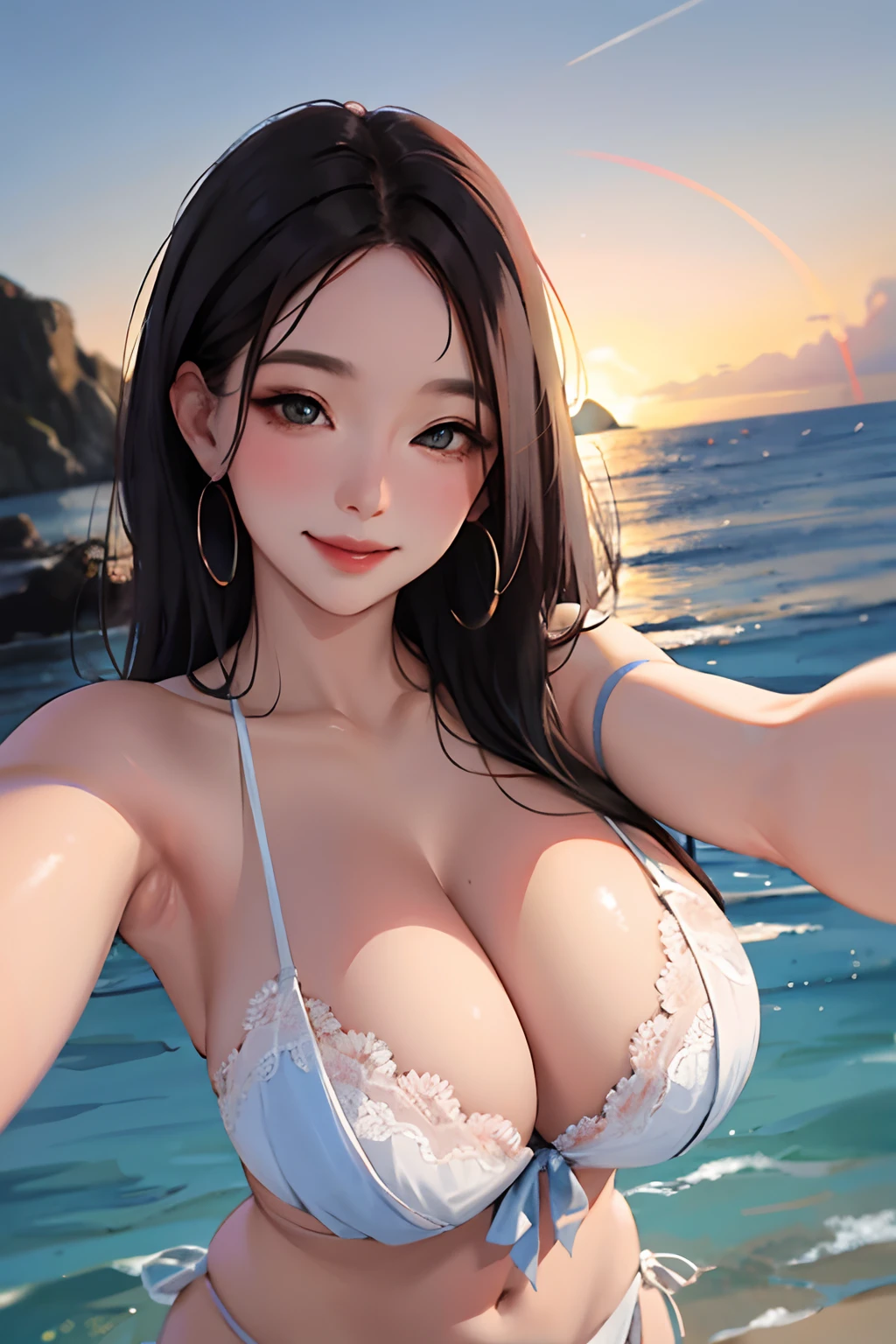 realisticlying、3 Real Adult Women、Taking a selfie、Keep your body in close contact、A slightly larger sea accentuates the sunset、Smile sexily、Cleavage emphasis、Face Real