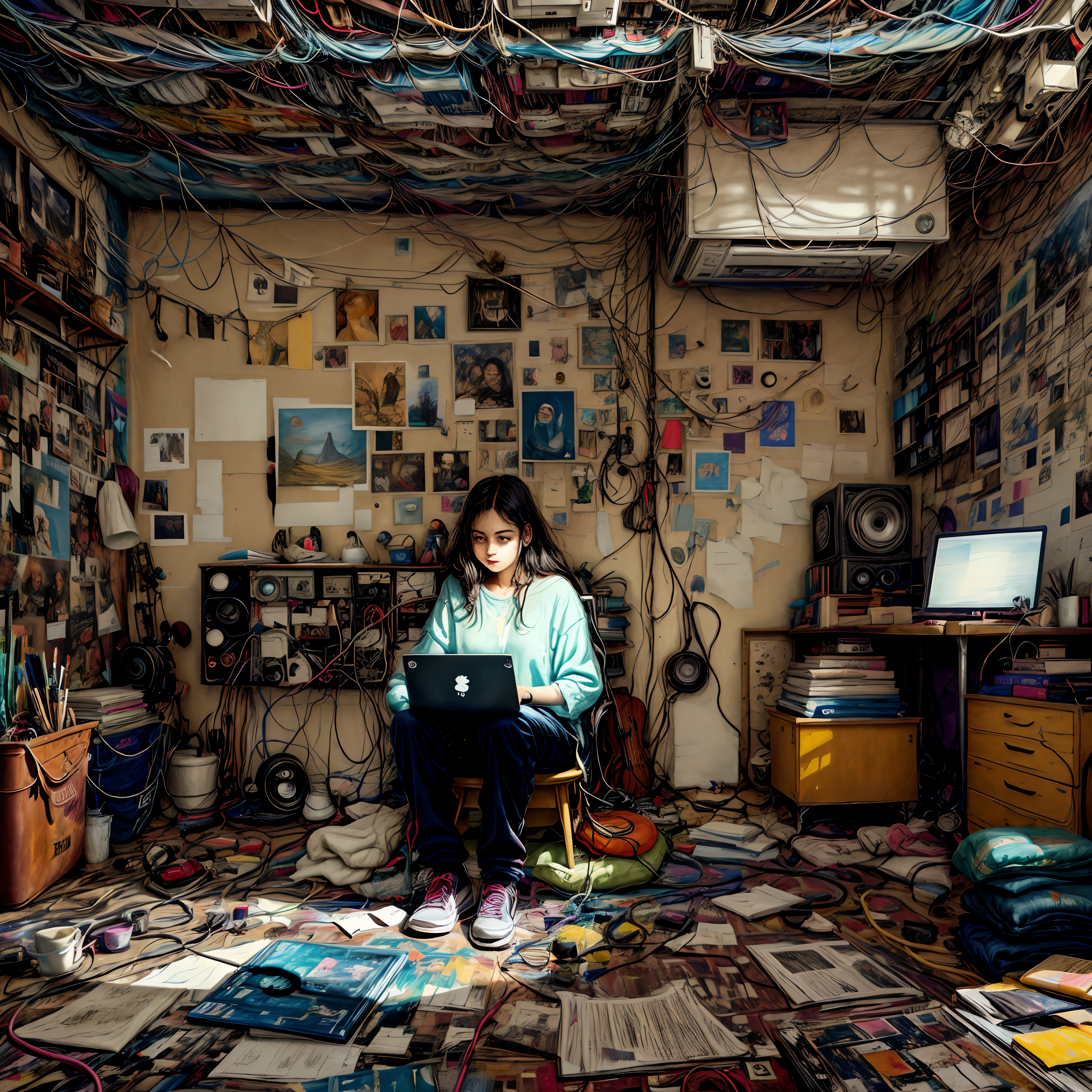 painting of a woman sitting on a rug using a laptop, in a room, in front of the internet, its a deep dream, lo-fi art, in her room, room of an engineer, old internet art, computer painting, messy room, apartment of a tech student, dangling wires, big tech art style, claustrophobic room
