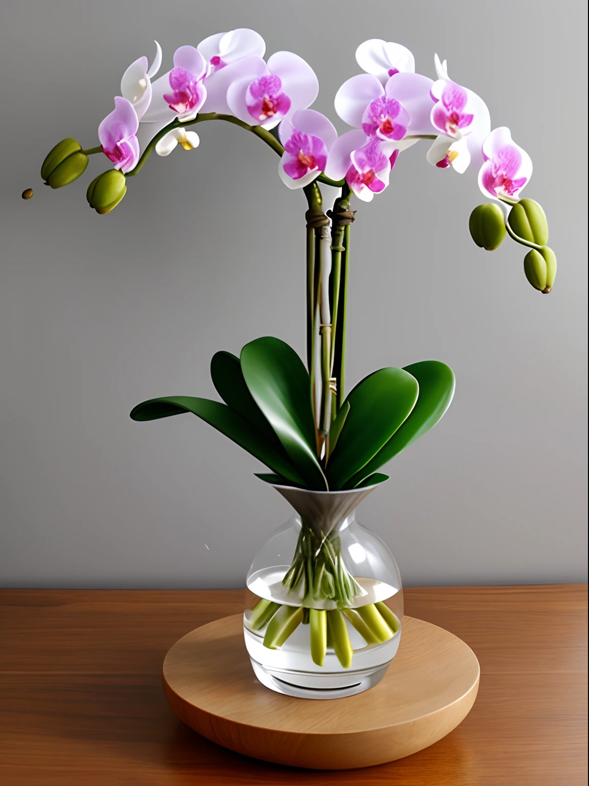 Arrange to show the whole phalaenopsis orchid and vase