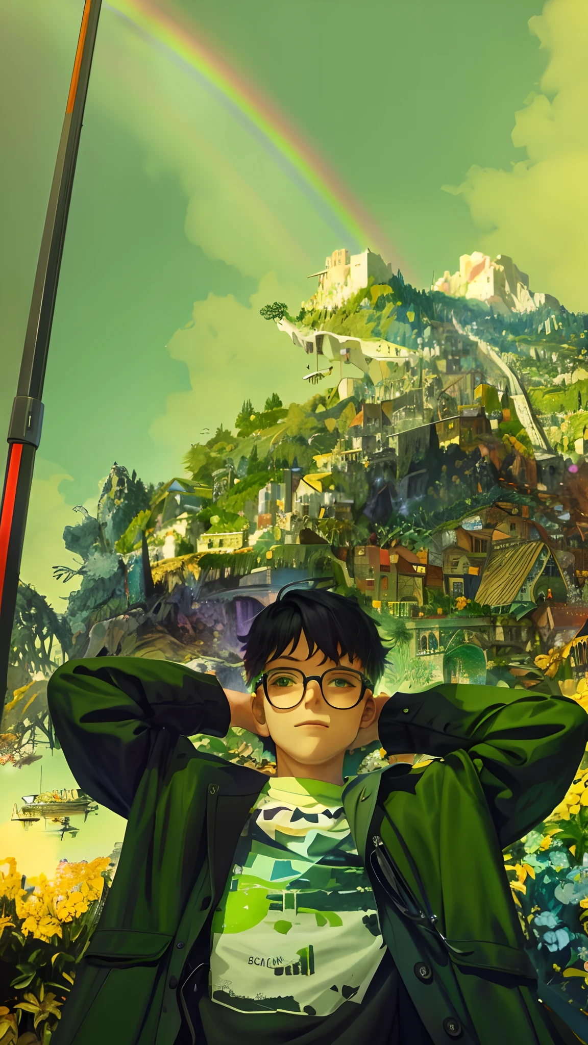 a color, limited palette, Colorful, scenery, 1boys, cool guy，Arrogant，Lunette de soleil，Rainbow, Green City,, Detailed background, Masterpiece, Best quality,