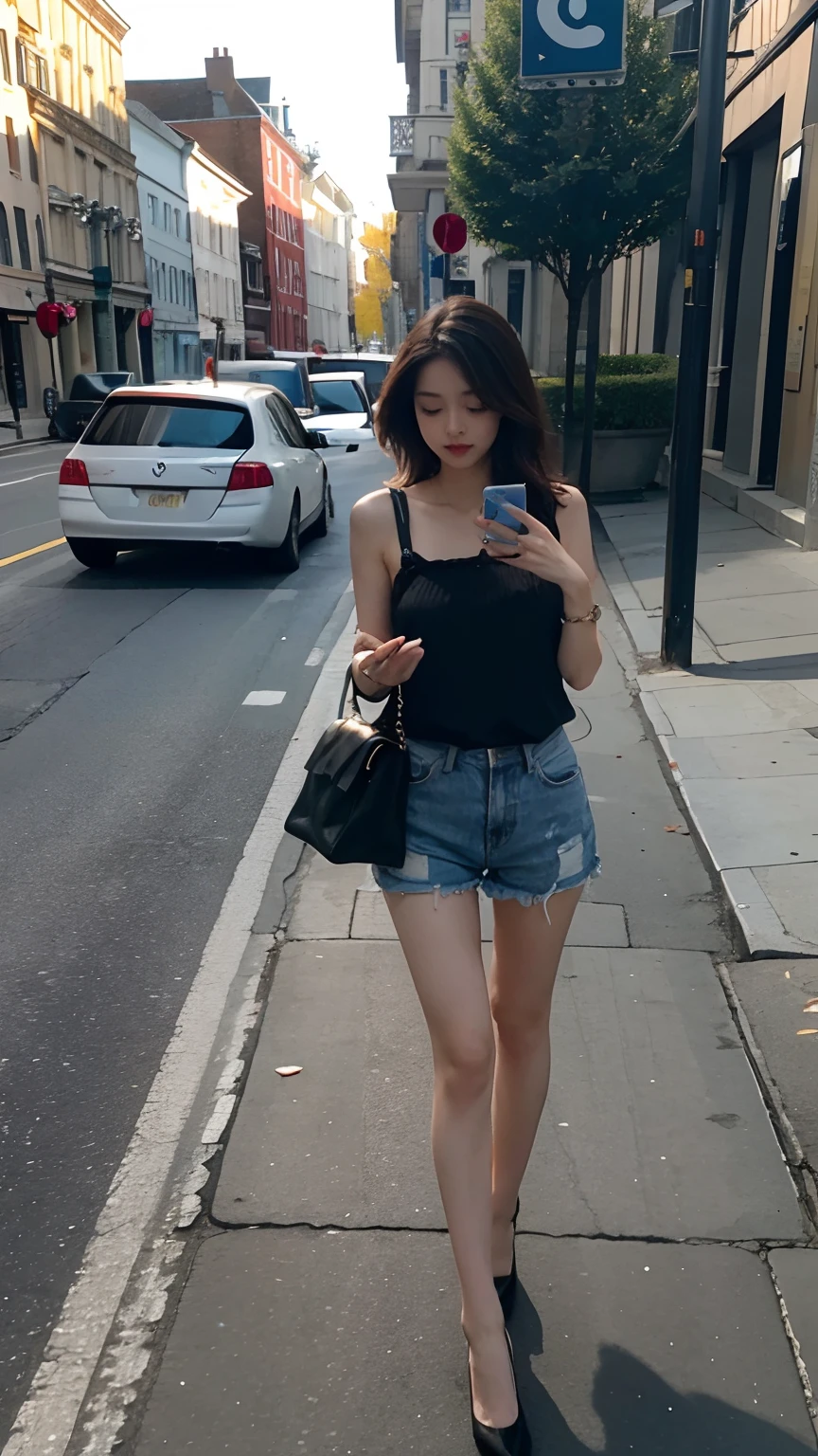 Beautiful woman, fiddling with cell phone in the middle of the street, short clothes