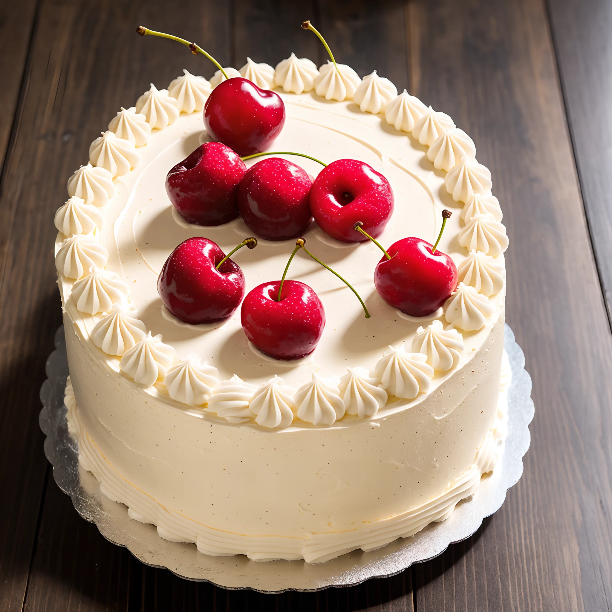 masterpiece, high quality, best quality, pink cream cake, cherry, foodphoto,