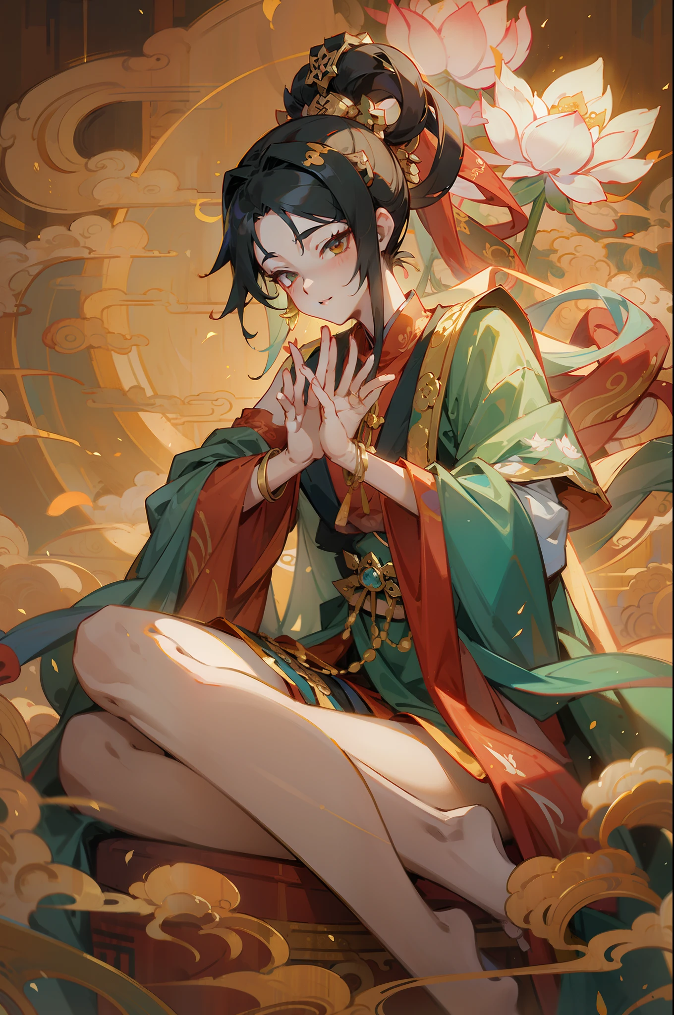 Chinese mythology,bodhisattva,had his hands folded,Dunhuang murals,Sit cross-legged on a lotus seat,The background is the South Heavenly Gate,Tyndall effect,Glow effects,Anime art style,Romantic graffiti,Meticulous,Realism is popular, New Fauvist style,Knolling,8K,tmasterpiece,super-fine,best qualtiy,8K,tmasterpiece,Works of masters,Detailed pubic hair,Accurate,Epic shooting,(Look up:1.5)