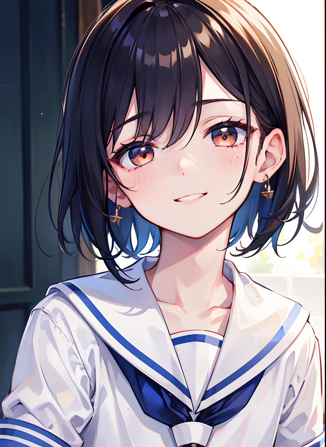 Best quality,tmasterpiece,A high resolution,A young boy with,male people,tender,short detailed hair,flatchest,masculine features,In sailor suit,School students,facial closeups,Be red in the face,cute smiling。Face portrait。