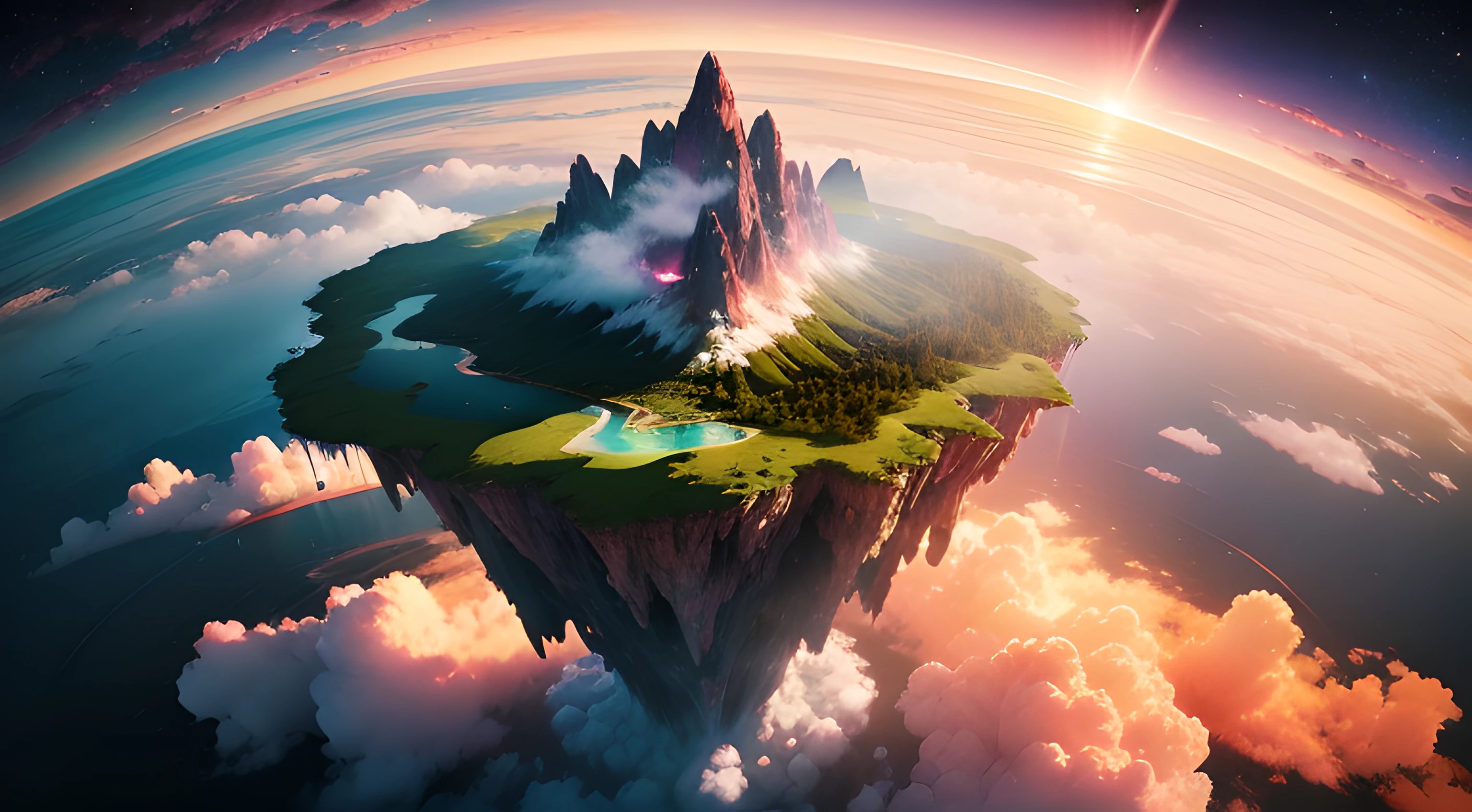 A floating natural island paradise in the clouds. Moss. Mountains. Waterfalls. Pink, blue, and orange sky. Sunset. Planets. Sci-fi.