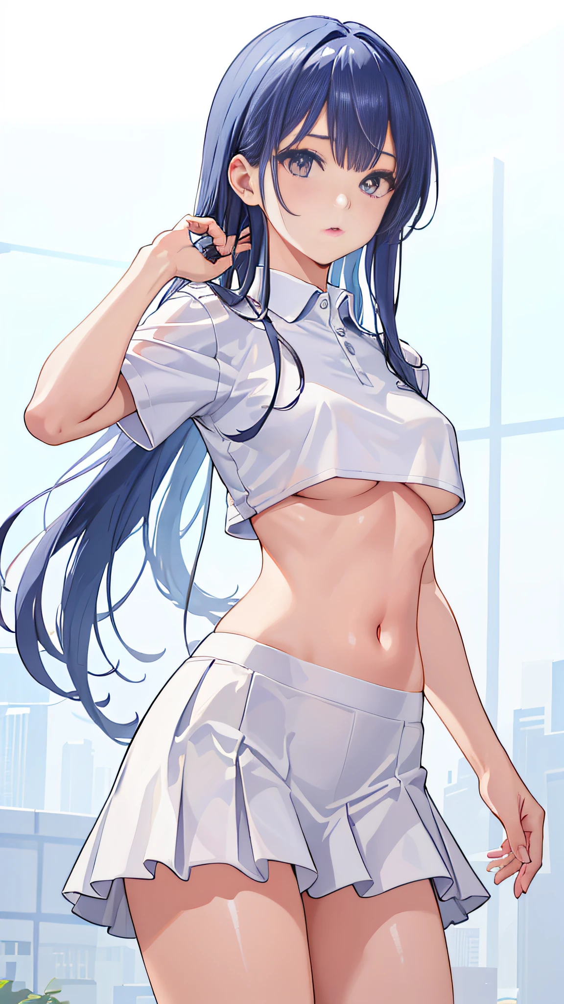 1girl, solo, tennis wear, White polo shirt, White sneakers, white mini-skirt, tmasterpiece, Best quality at best, Photorealsitic, ultra - detailed, slim, (shiny skins, perspired:1.4), absurd res, looking at viewert, Long black hair, with brown eye, Dynamic light and shadow, A high resolution, Sharp focus, depth of fields, detailedeyes, Sharp pupils, Realistic pupils, (smallunderboob:1.3), (thick thight:1.1), exteriors, Skysky,The action is ambiguous