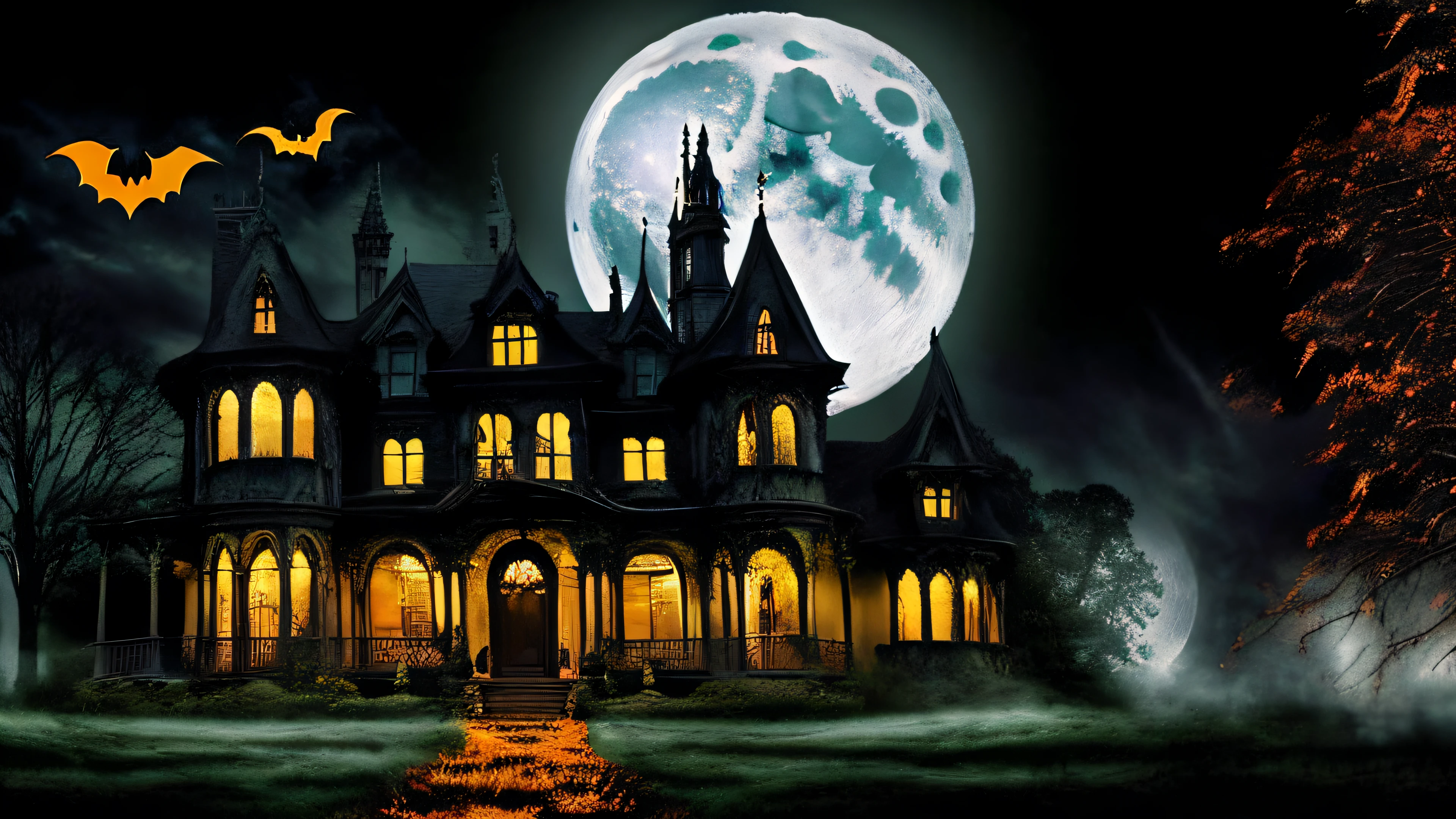 Halloween scene with full moon and spooky house, haunted house themed, halloween theme, halloween night, Halloween, halloween celebration, haunted background, scary magical background, spooky halloween theme, halloween wallpaper with ghosts, halloween scene, spooky halloween night, halloween atmosphere, haunted house, Edited, halloween art style, spooky mansion, The bat flies away from the castle, background artwork