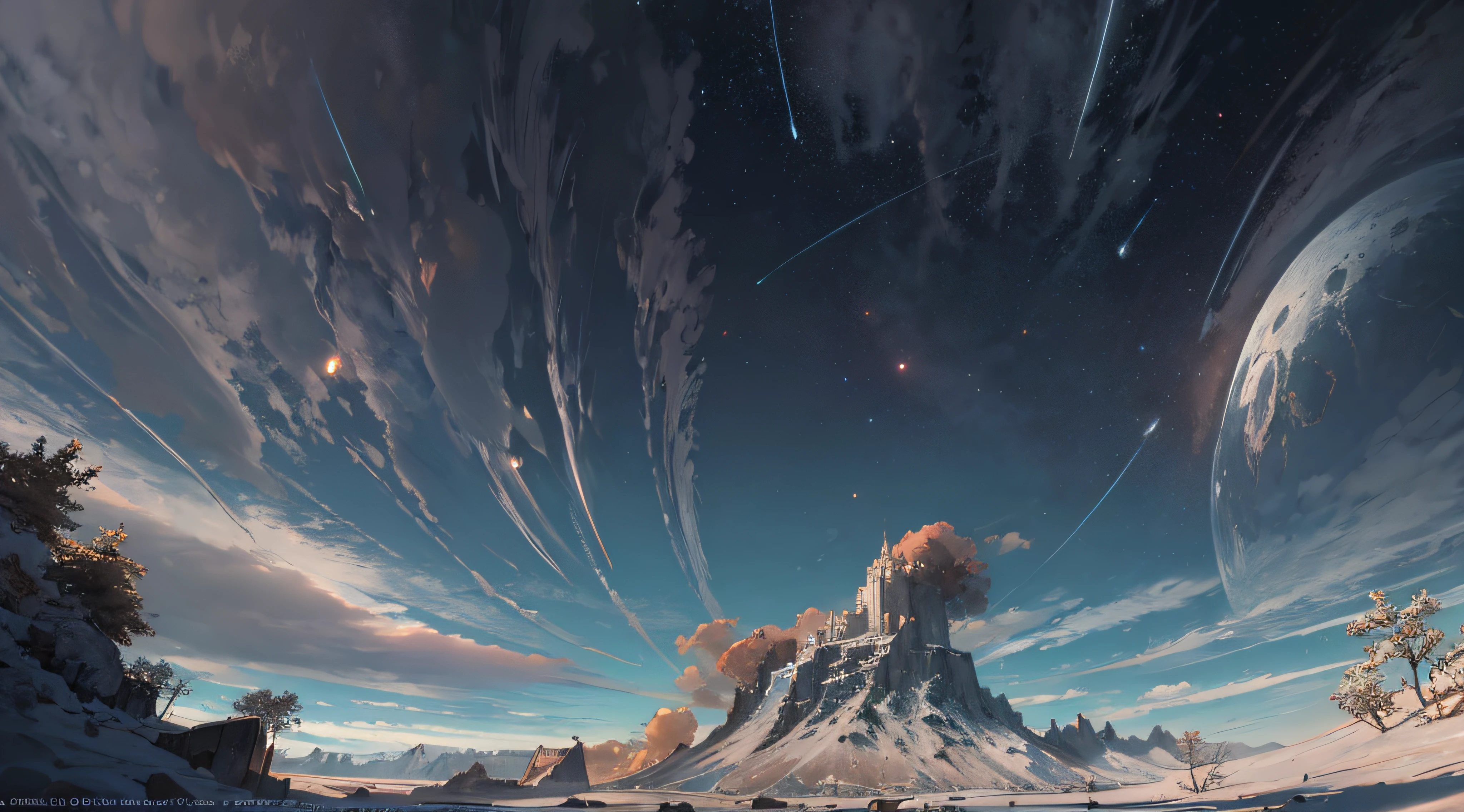Expansive landscape photograph,(moon full:1.2),(meteors:0.9),(Starcloud:1.3),(Warm light source:1.2),(glowworm:1.2),lamp lights,Lots of purple and orange,Complicated details,Volumetriclighting,Realism BREAK(tmasterpiece:1.2),(best qualtiy),8K,Ultra-detailed,(dynamic compositions:1.4),The is very detailed,Colorful details,(Irridescent color:1.2),(luminouslighting,Atmospheric lighting),dream magical,magical,(独奏:1.2),((best qualtiy)), ((tmasterpiece)), (the detail:1.4),depth of fields,maximum definition and sharpness,perfectly proportions,Fluttering clouds,Wallpapers