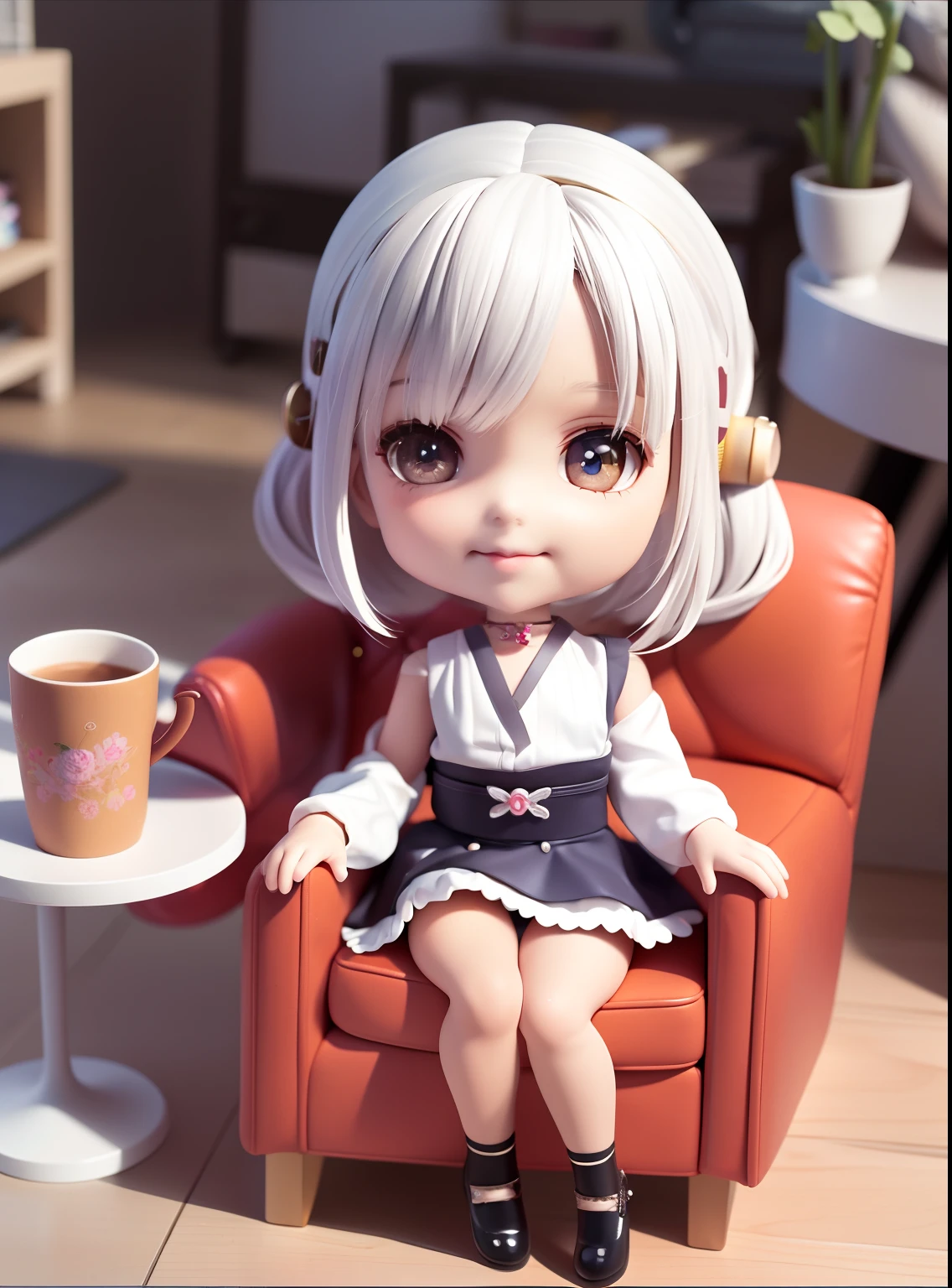 There was a doll sitting in a chair drinking a cup of coffee, Kawaii realistic portrait, style as nendoroid, good smile company anime style, anime barbie doll, Cute humanoid robot, Realistic anime 3 D style, Cute anime girl, Girl with short white hair, Cute anime, Girl with white hair, up of young anime girl, Cute Pocelain doll