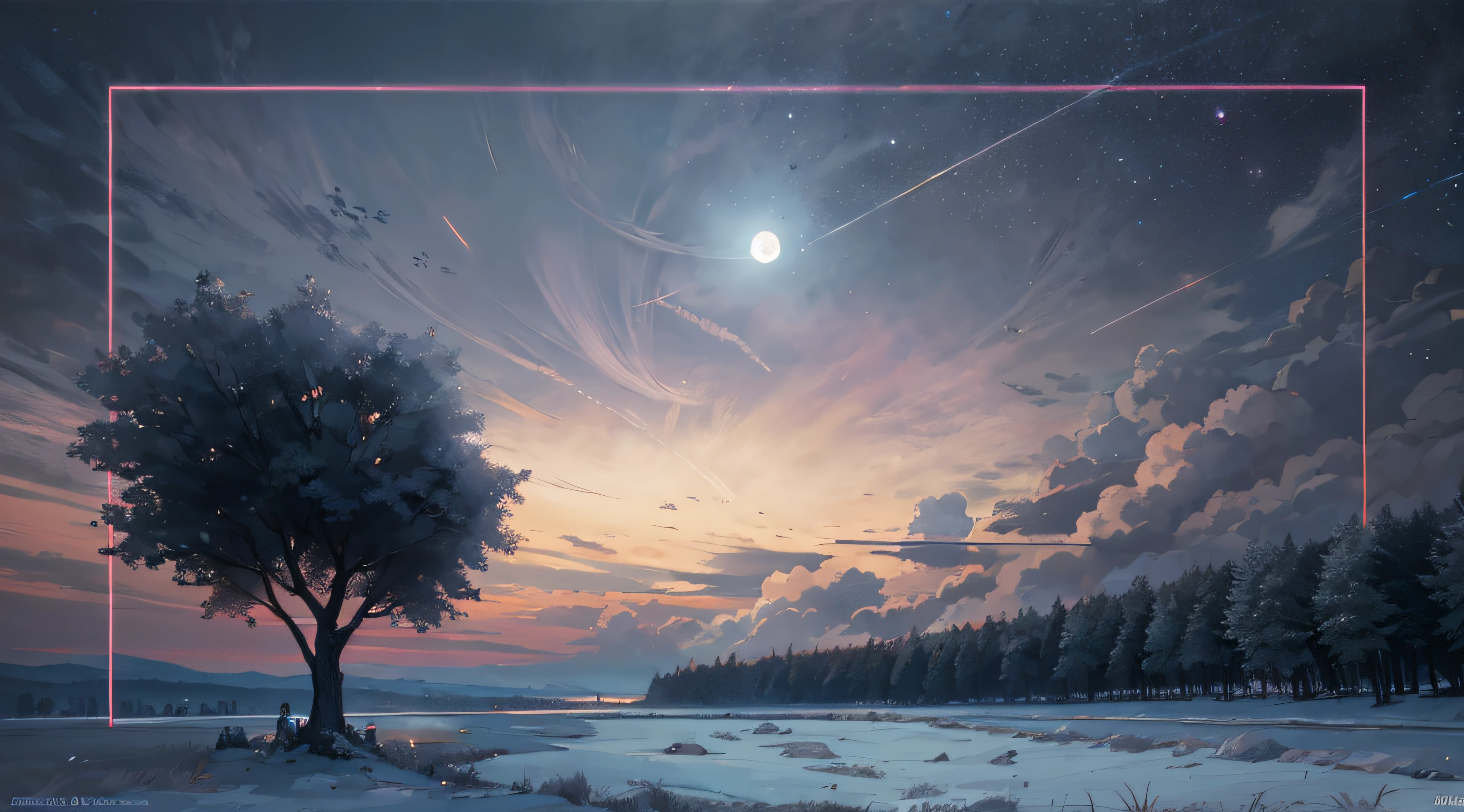 Expansive landscape photograph,(moon full:1.2),(meteors:0.9),(Starcloud:1.3),(Warm light source:1.2),(glowworm:1.2),lamp lights,Lots of purple and orange,Complicated details,Volumetriclighting,Realism BREAK(tmasterpiece:1.2),(best qualtiy),8K,Ultra-detailed,(dynamic compositions:1.4),The is very detailed,Colorful details,(Irridescent color:1.2),(luminouslighting,Atmospheric lighting),dream magical,magical,(独奏:1.2),((best qualtiy)), ((tmasterpiece)), (the detail:1.4),depth of fields,maximum definition and sharpness,perfectly proportions,Fluttering clouds,Wallpapers