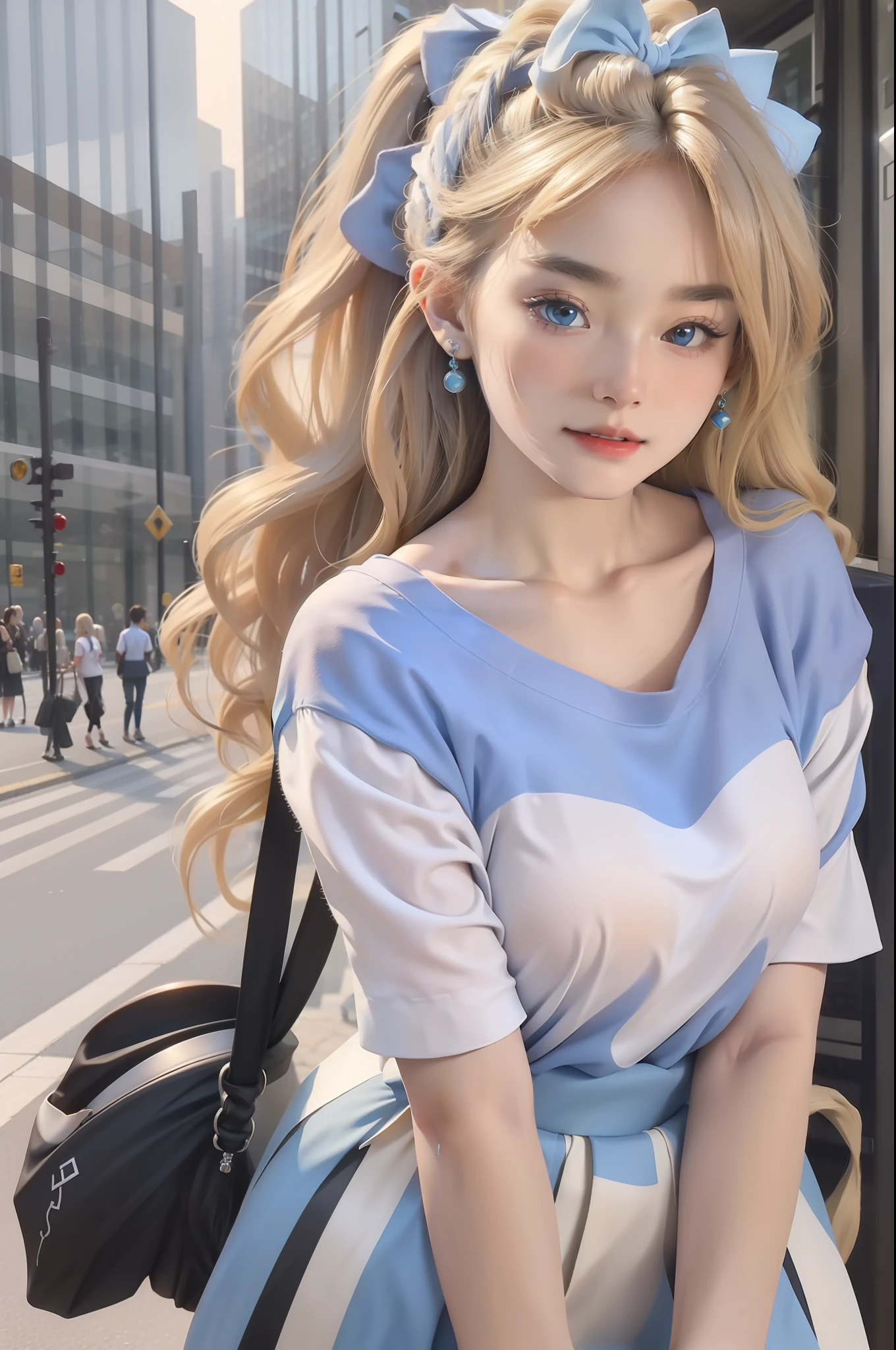 hyper HD(UHD)，Delicately textured skin，high detal，Best Picture Quality，8K分辨率，Blue eyes，Curved willow eyebrows，long eyelasher，Fair skin reveals a light redness，thin lipss，White striped short sleeves，Round neck beautiful collarbone，Light blue skirt，White slender legs，Long blonde curls tied with blue bands, Black stud earrings in the left ear。