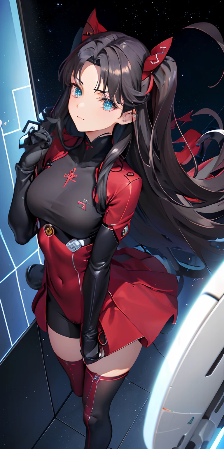 (aerial  view), dinamic angle, ultra-detalhado, illustration, close-up, em linha reta, 1girl, 
 ((rin tohsaka, fone de ouvido de interface, bodysuit vermelho: 1.4, loiro),Seus olhos brilharam como estrelas sonhadoras,(olhos brilhantes:1.233),(olhos bonitos e detalhados:1.1),(no expression, boca fechada),(standingn), 
(Mechanical room with tools and spaceship window on a white spaceship),
(noite: 1.2), sonhador, [[Delicate fingers and hands: 0.55]::0.85],(dedos de detalhe),