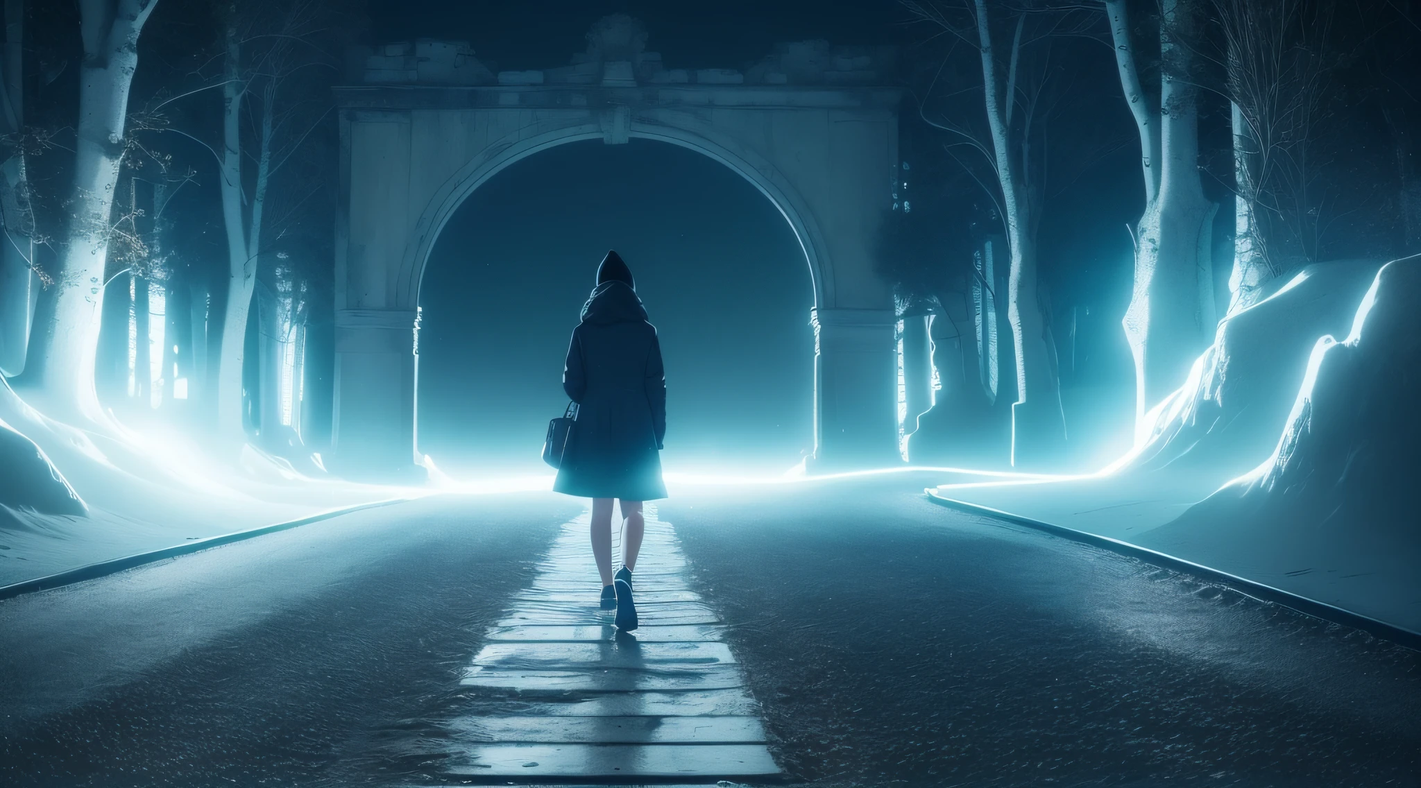 Crea un banner que represente una escena intrigante, como una puerta entreabierta en un entorno oscuro y misterioso.
Use colors like dark blue and black to create an enigmatic atmosphere and add contrast with brighter visuals.
Ejemplo: Una puerta entreabierta en un pasillo oscuro con una luz tenue que ilumina el suelo. The name of the channel appears in enigmatic letters at the top, con un toque de resplandor sutil.