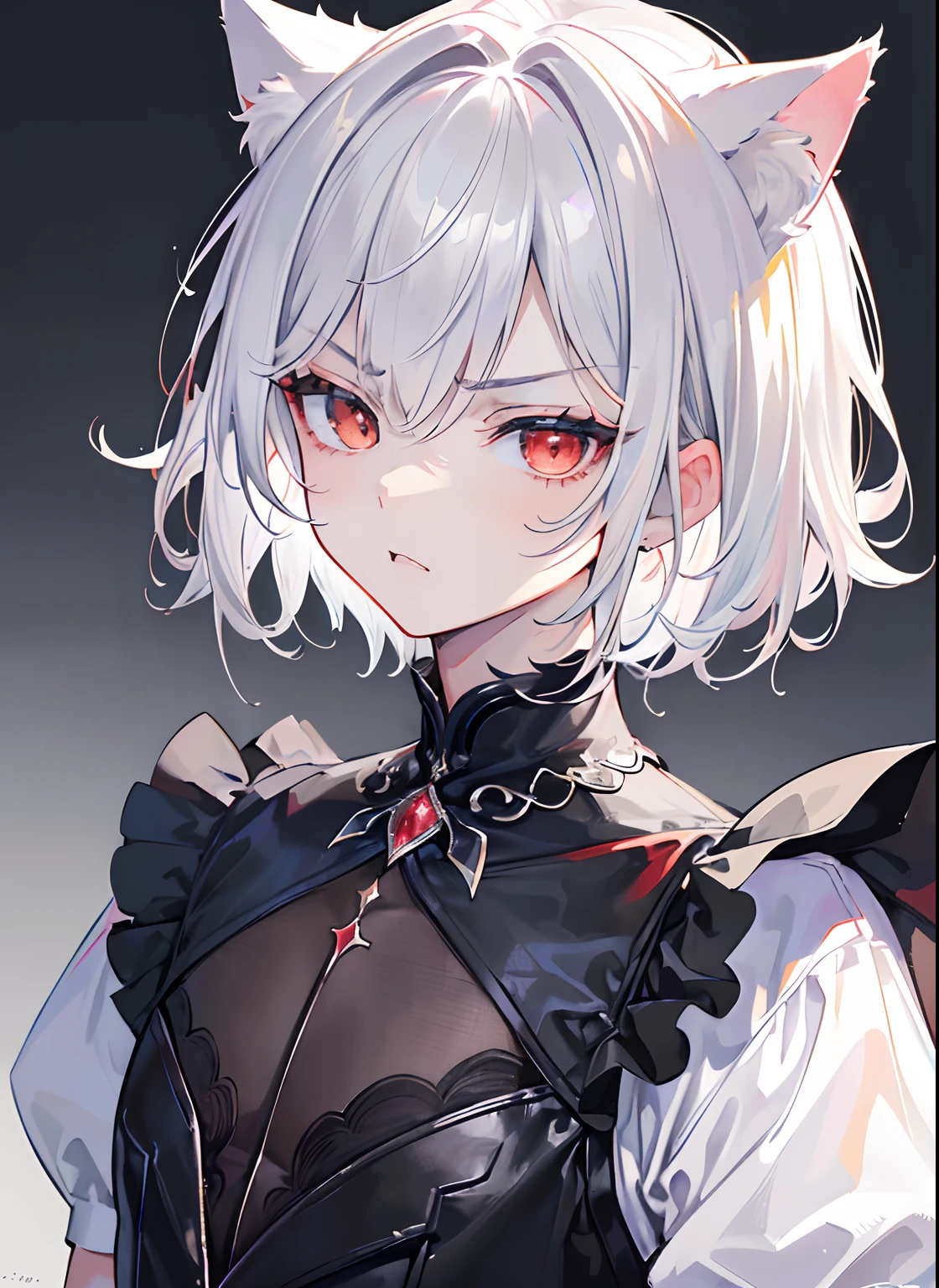(the best quality masterpiece, A high resolution, younge boy, male people, short detailed hair, flatchest, Magician's clothes, Silvery hair, magestic, Cat ears, facial closeups, Be red in the face, anger expression,Face portrait)