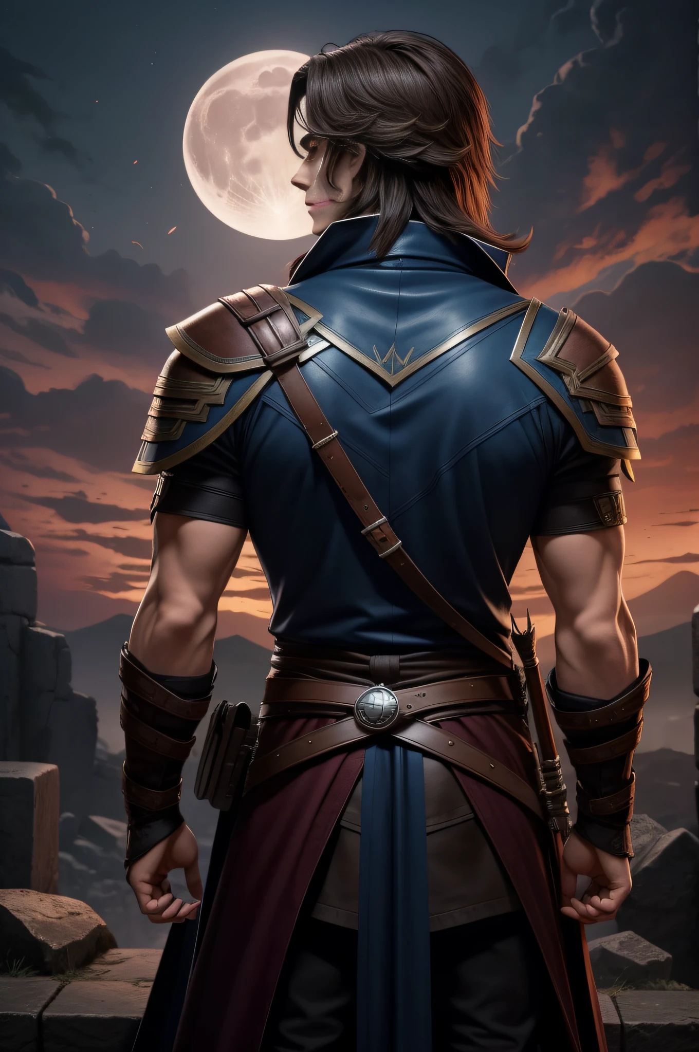 Full body, arcane symbols, runes, dark theme, beautiful, handsome,brown hair, man ,man , young , 18 years, castlevania, hunter , male, man, man , brown hair , man , man, arrow ,short hair, style Richter belmont , cabelo curto social, from the back looking sideways with a sky behind on a red night with a moon  , personagem de cabelo castanho curto zoom segurando uma um chicote com lamina azul. Sad  looking up at the sky, sentado sit, realista 4k